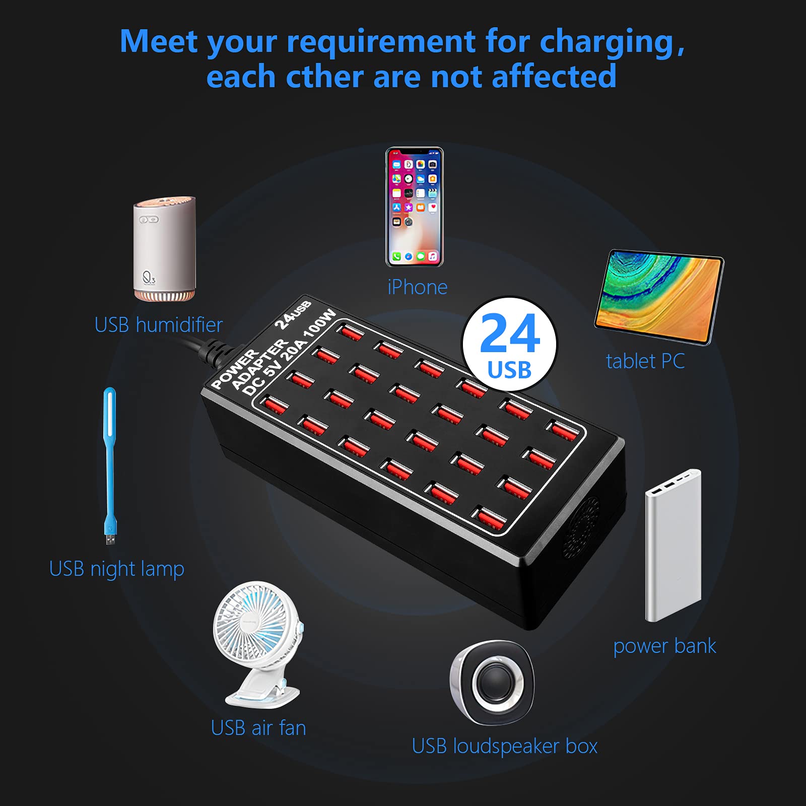 24-Port 100W (20A) USB Charging Station - Fast Desktop Charger for Multiple Devices | Perfect for Home, Office, Hotel, School, Mall & Travel Use