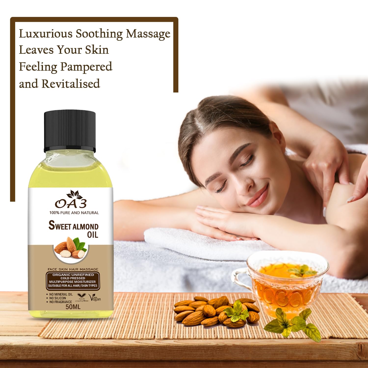 100% Pure Certified Organic Sweet Almond Oil - Cold Pressed, Unrefined, Non-GMO for Hair Growth, Face Moisturizer & Body Massage | Natural Skin Care & Aromatherapy | 50ml Bottle for Daily Beauty Routine