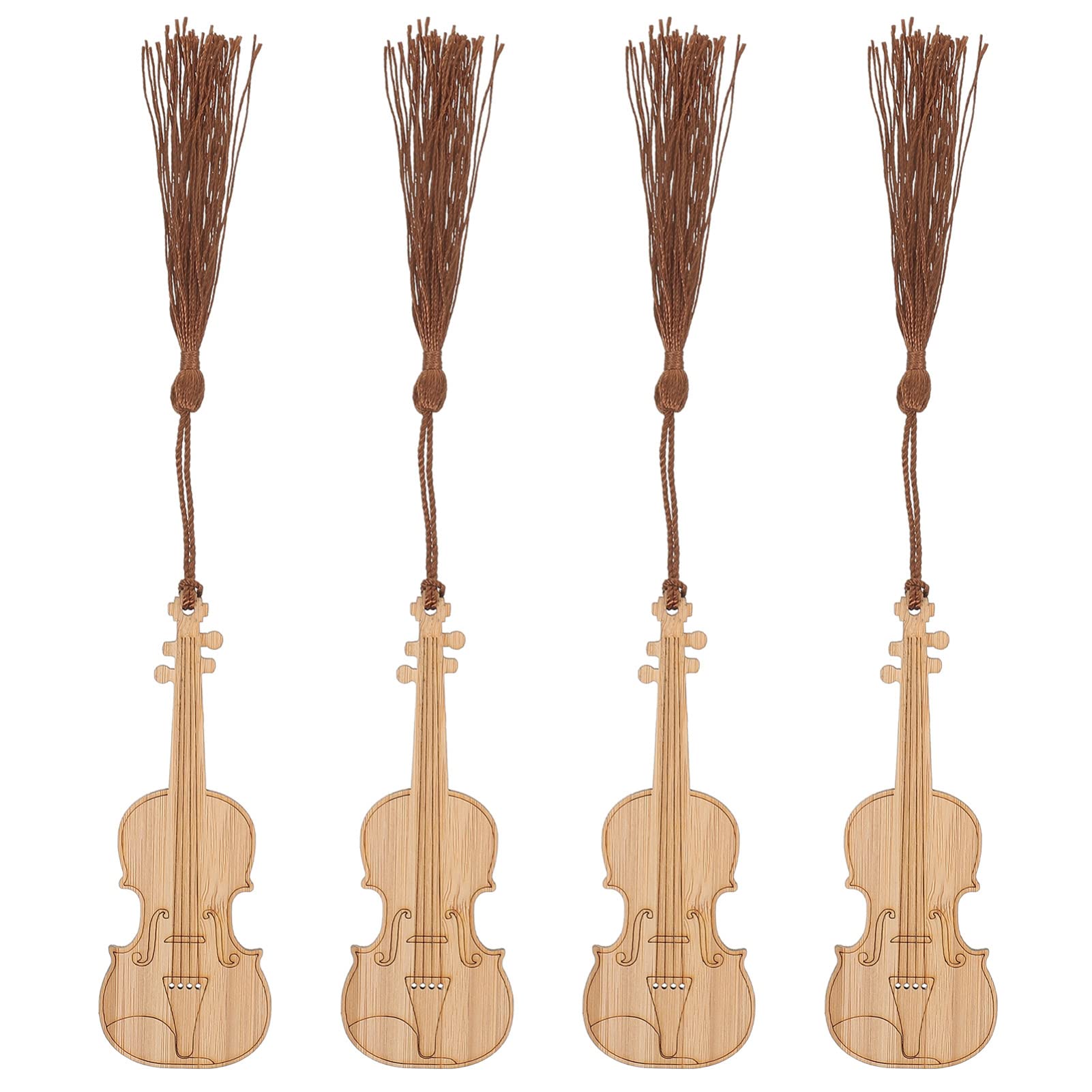 STOBOK 4Pcs Violin-Shaped Bamboo Bookmarks with Tassel - Elegant Writing Markers & Page Markers for Books, Violin Lovers, Gifts & Reading Accessories - Perfect for Violinists, Music Students & Book Enthusiasts