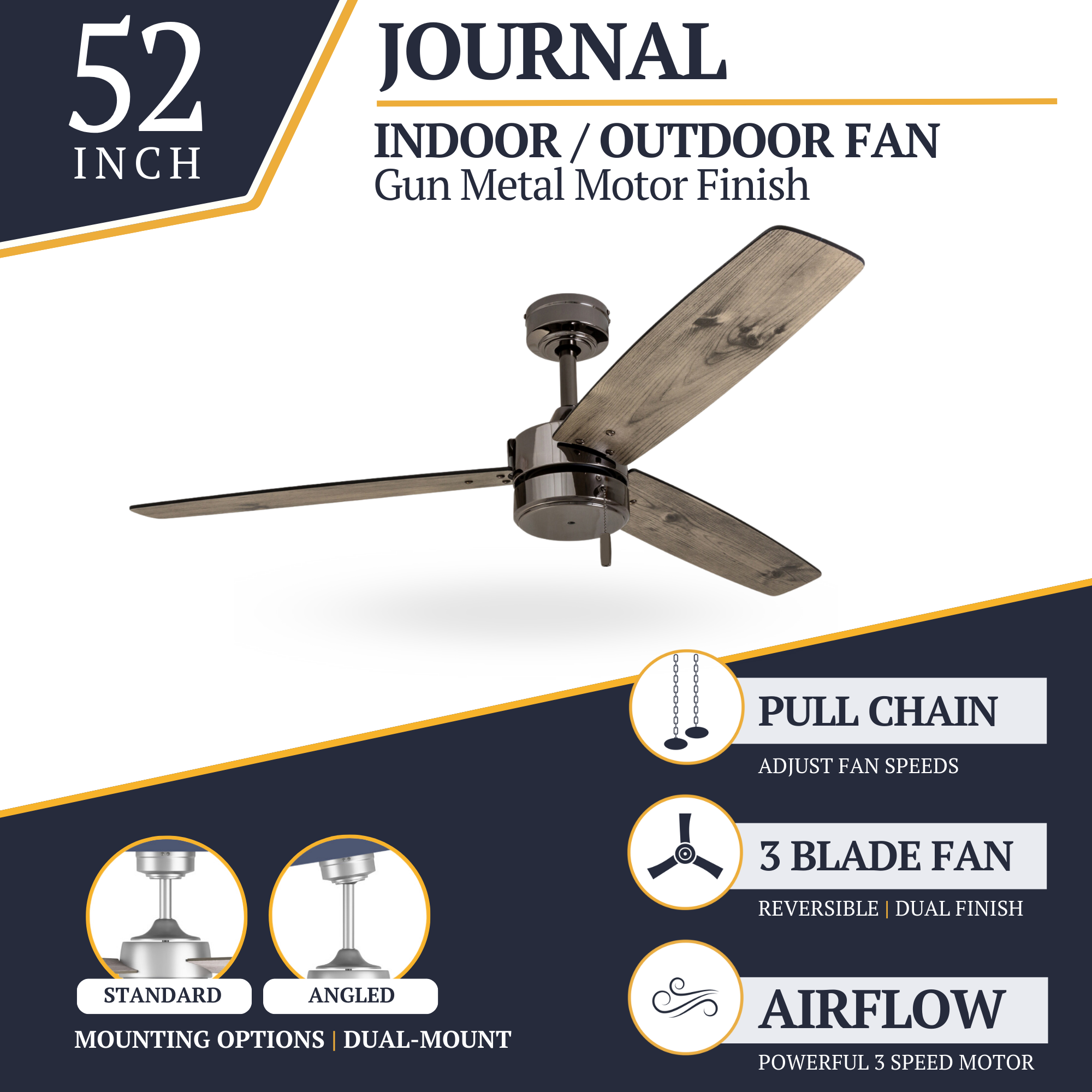 52 Inch Gun Metal Ceiling Fan with Pull Chain - Indoor/Outdoor Use for Bedroom, Living Room, Patio & Covered Porch