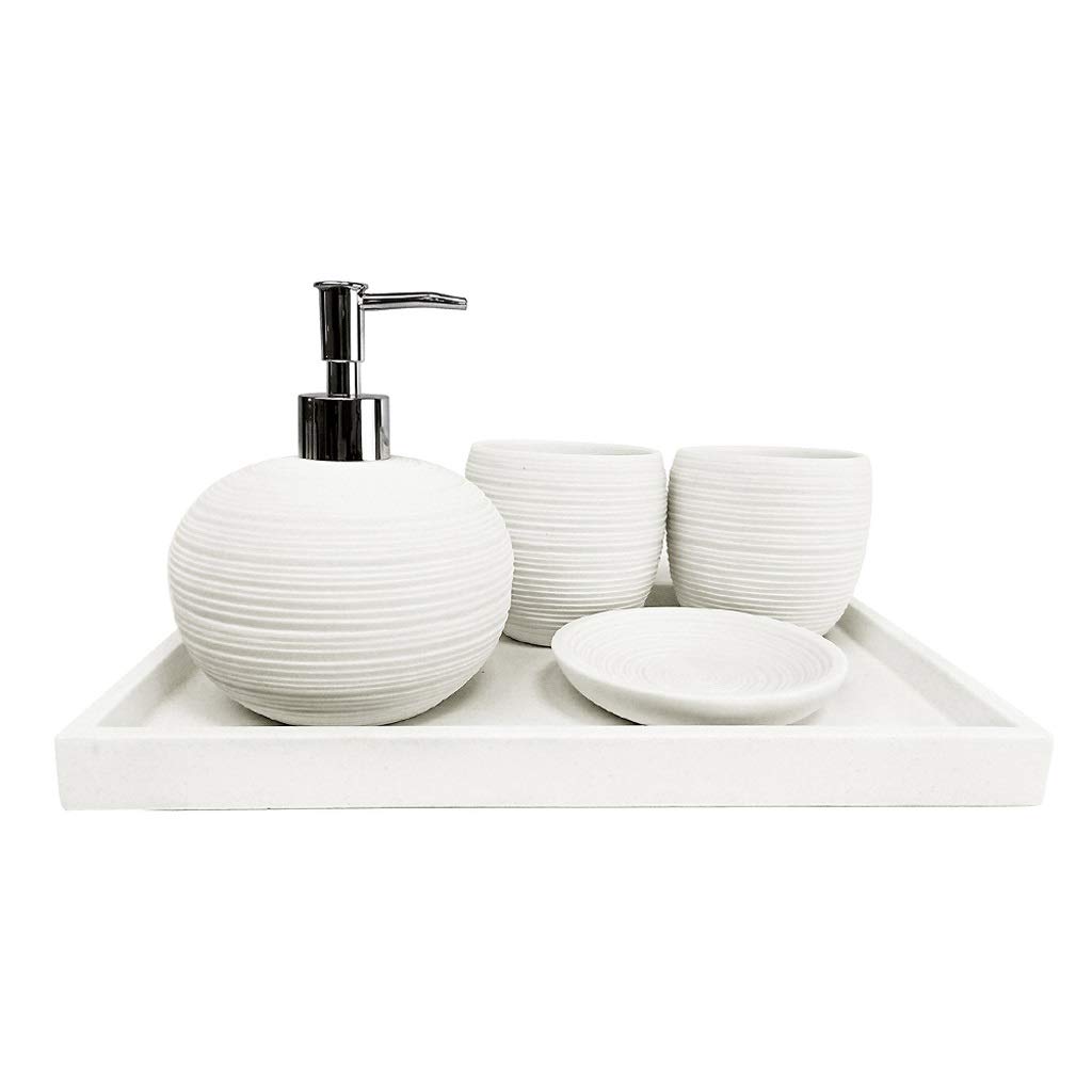 4-Piece White Brushed Sphere Resin Bathroom Set - Soap Dispenser Pump, Tumbler & Soap Dish | Elegant Bathroom Accessories for Home, Hotel & Spa Decor