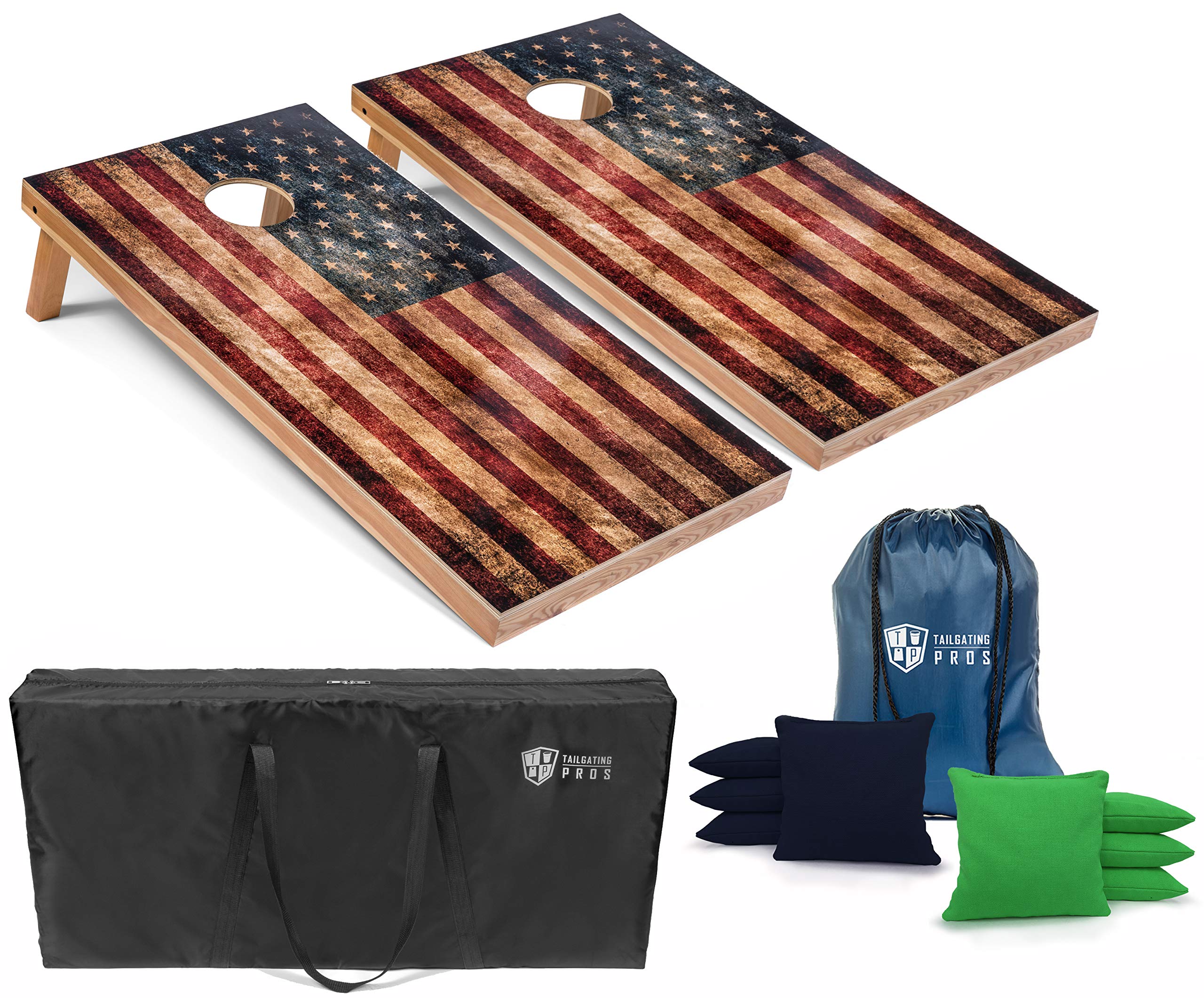 Rustic American Flag Cornhole Boards Set with LED Ring & Carrying Case - 4'x2' Distressed Wooden Cornhole Game with 8 Bean Bags for Outdoor Tailgating, Backyard Parties, and BBQ Events