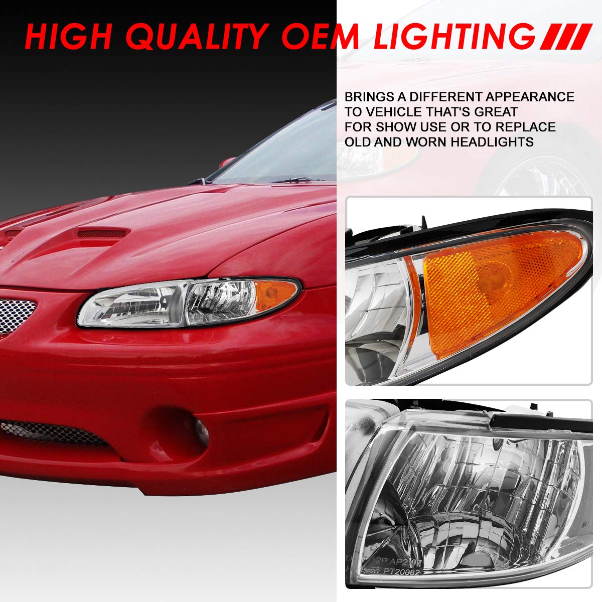 OE Style Chrome Housing Amber Corner Headlights with Turn Signal Lamps - Compatible with Pontiac Grand Prix 1997-2003 - Perfect for Night Driving & Car Restoration Projects