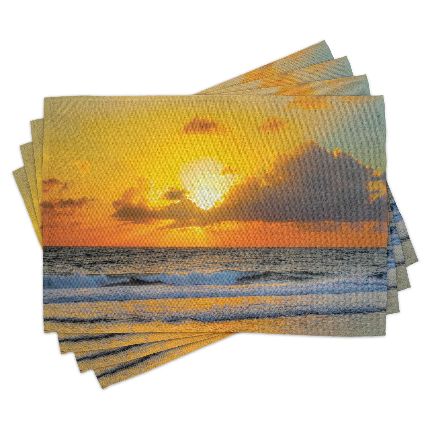 Ambesonne Ocean Place Mats Set of 4 - Brazilian Beach Sunrise Design with Sun Rays Through Clouds Over Sea, Washable Fabric Dining Table Placemats (Standard Size, Orange & Grey) - Perfect for Coastal Decor, Kitchen, and Outdoor Entertaining