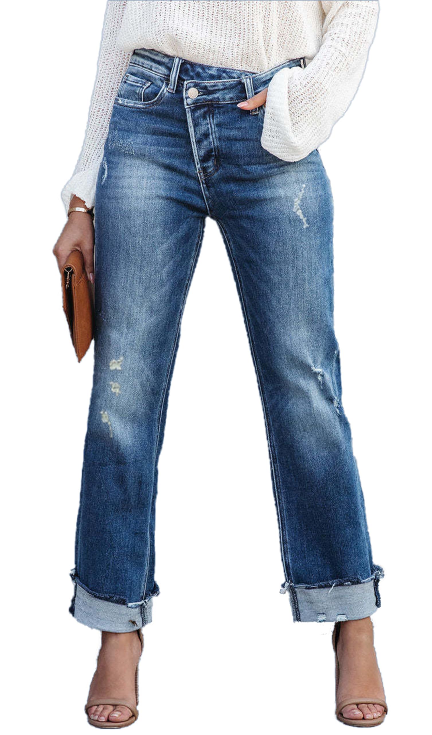 Women's High Waisted Denim Cargo Pants with Flap Pockets - Stretchy Straight Wide Leg Jeans for Casual Wear, Street Style & Outdoor Activities