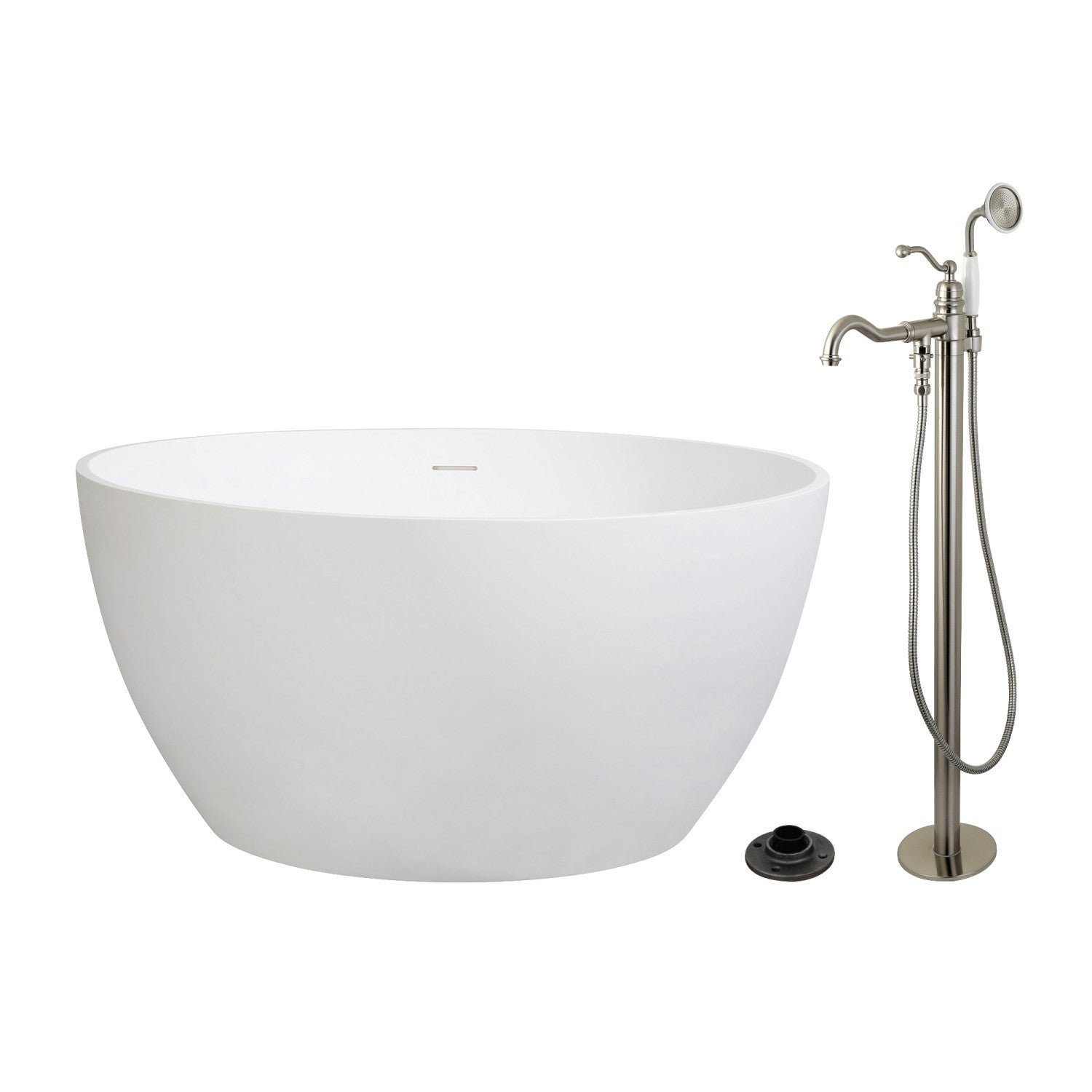 Arcticstone 45 Inch Freestanding Soaking Bathtub with Brushed Nickel Faucet - Solid Surface Round Double Ended Tub for Luxury Bathroom & Spa Relaxation at Home