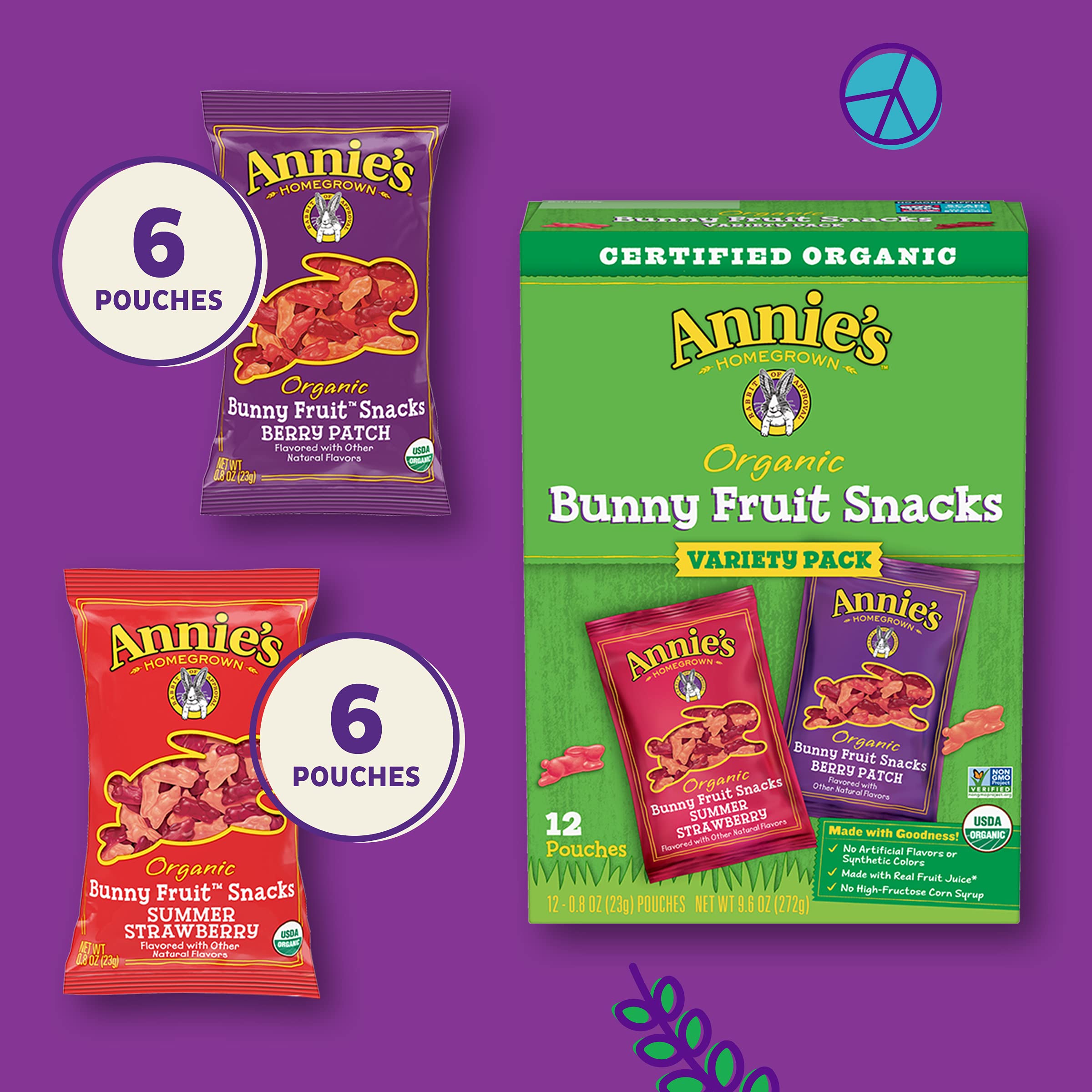 Annie's Organic Bunny Fruit Snacks Variety Pack - 9.6oz, 8 Count | Gluten Free, Vegan, Non-GMO | Healthy Kids Snacks for Lunch Box, School, Travel & On-the-Go