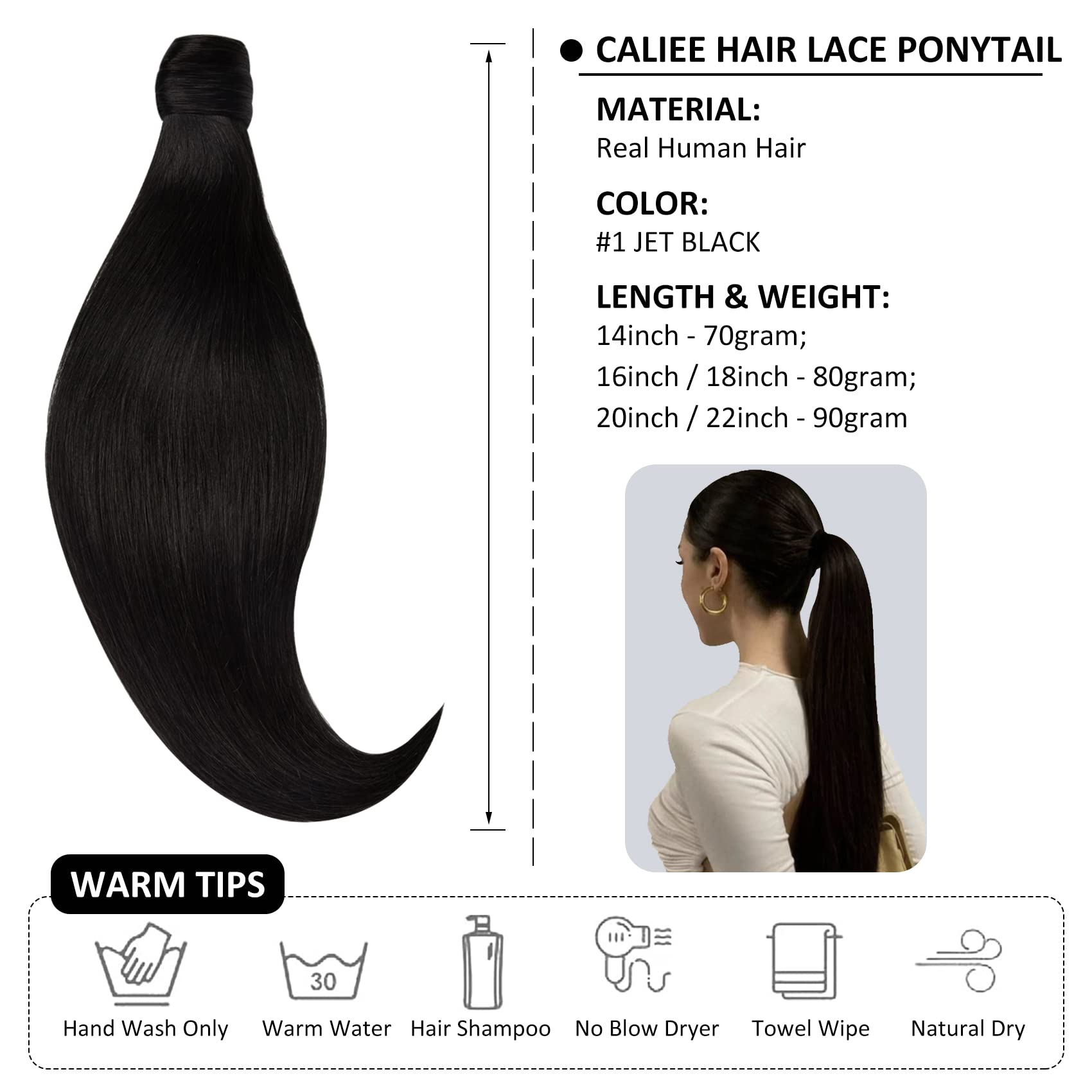Caliee 100% Real Human Hair Extensions - 18Inch Jet Black Wrap Around Ponytail with Comb (80G) | Clip-in Hairpiece for Women | Perfect for Parties, Weddings & Daily Styling