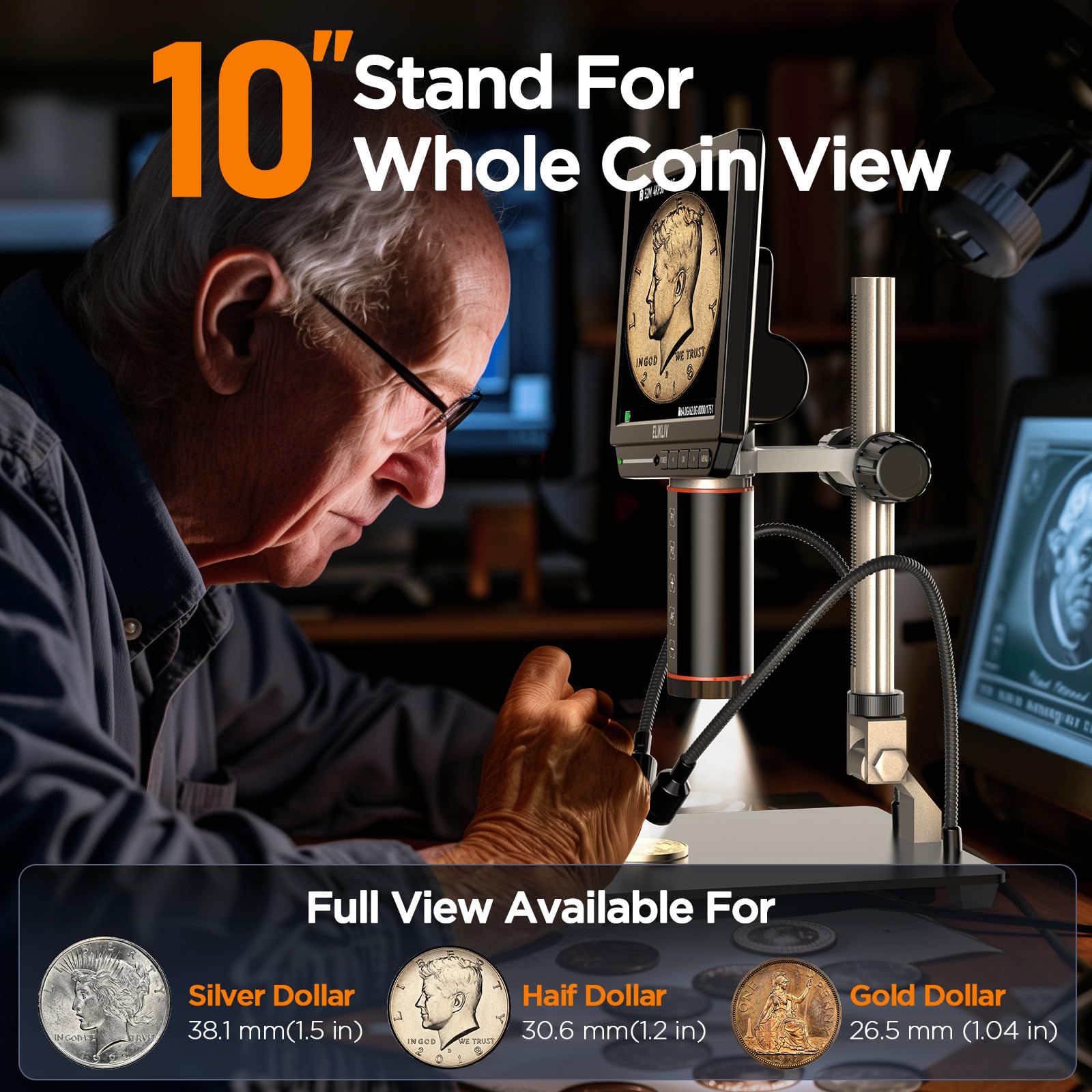 Elikliv 4K Digital Autofocus Microscope EM4K-AF - 8 Inch Coin Microscope with 52MP Camera, HDMI Video Output, 10 Inch Adjustable Stand & 64GB Storage - Perfect for Coin Collecting, Jewelry Inspection & PCB Repair