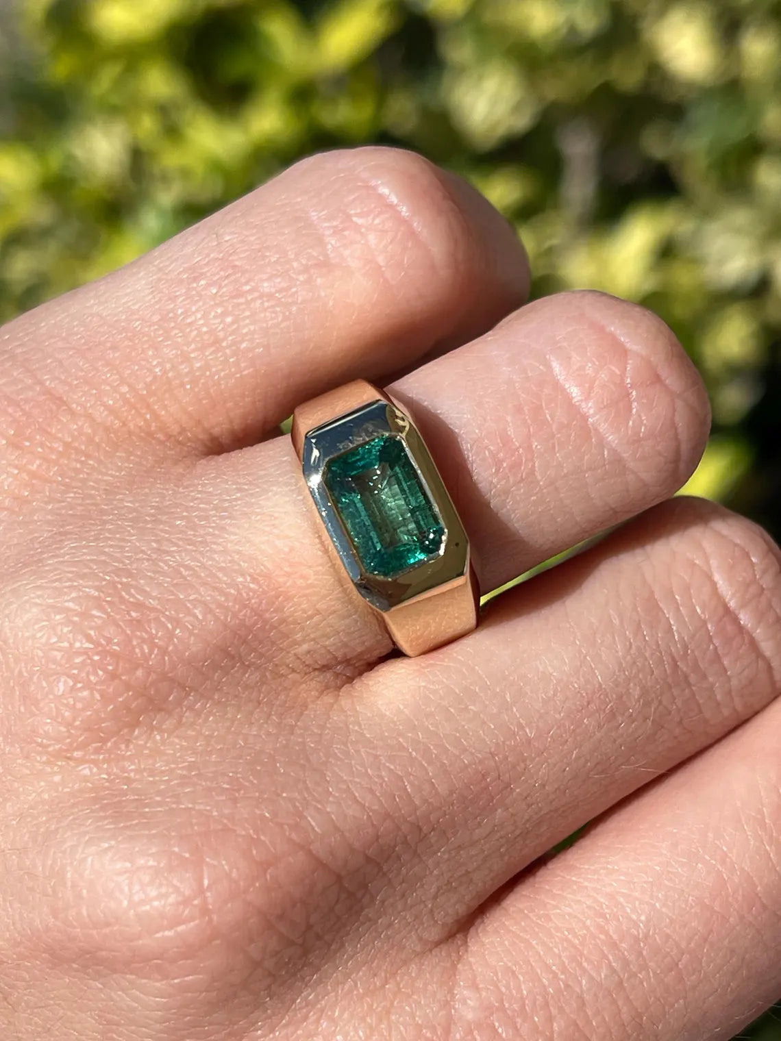 2.66ct Natural Emerald Cut Bluish Green Emerald Solitaire Ring for Men - Bezel Set Luxury Wedding Band, Anniversary Gift & Everyday Jewelry
