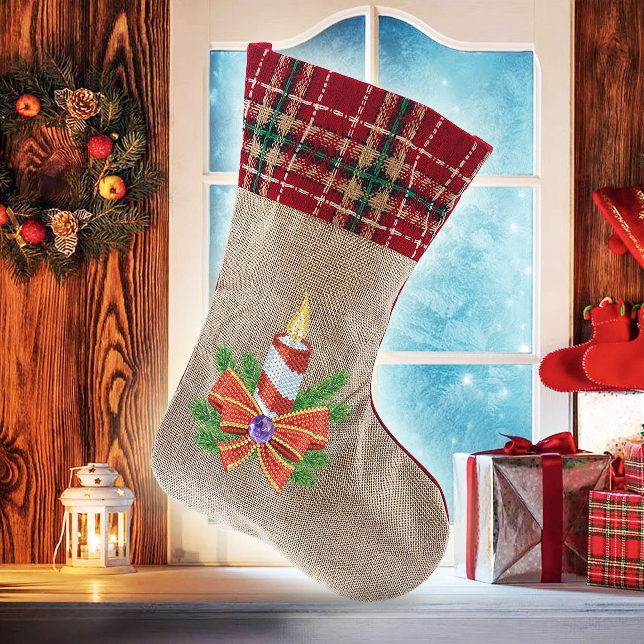 5D Diamond Painting Christmas Stockings Kit - DIY 14 Inch Holiday Candle Candy Bag for Fireplace Decor, Family Xmas Party & Home Decoration | Perfect for Gift Wrapping, Tree Ornaments and Festive Seasonal Decor