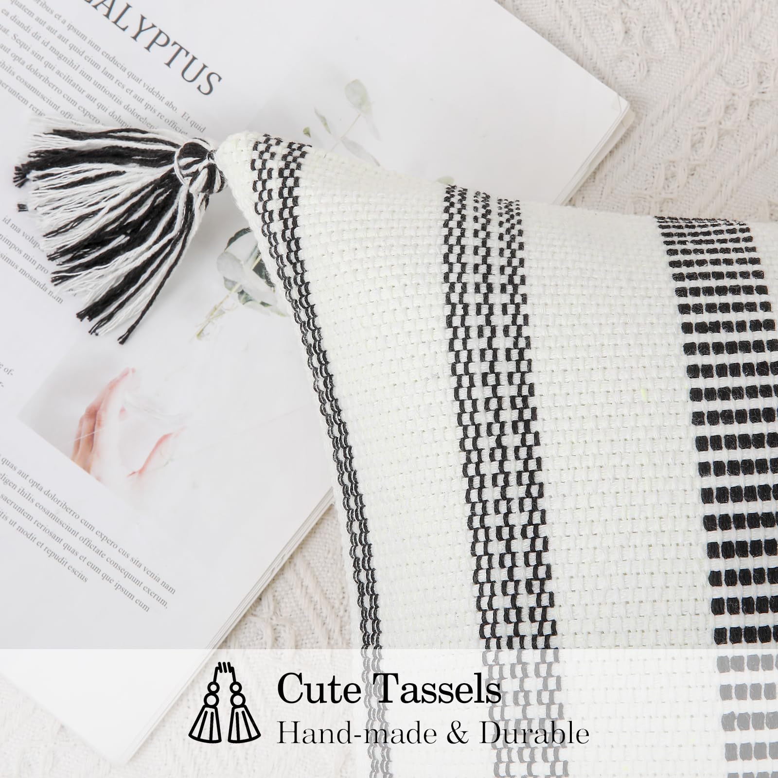 Boho Spring Throw Pillow Covers Set of 2 - 20x20 Inch Decorative Woven Striped Cushion Covers with Tassels for Couch, Bed & Sofa - Black & Cream White - Perfect for Living Room, Patio & Boho Home Decor
