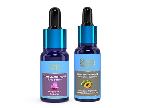 Blue Nectar Dark Circles Under Eye Serum with Plant-Based Niacinamide from Potato (1 Fl Oz) & Kumkumadi Face Oil with Natural Herbs (0.33 Fl Oz) - Brightening Eye Treatment & Glowing Skin Solution for Day & Night Care
