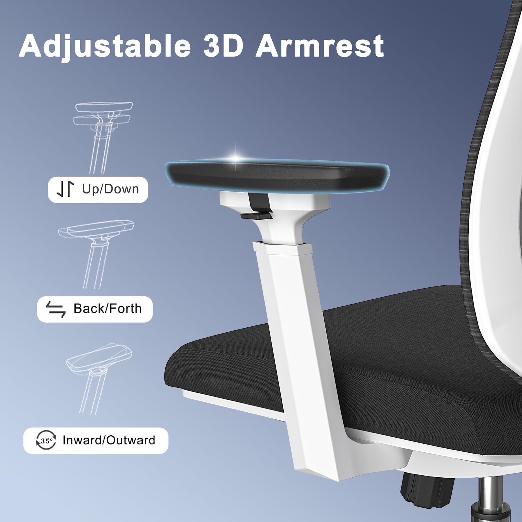 Ergonomic Mesh Office Chair with 3D Adjustable Armrests & Lumbar Support - High Back Computer Desk Chair with Headrest & Tilt Function - White Home Office Chair for Long Hours Working & Gaming