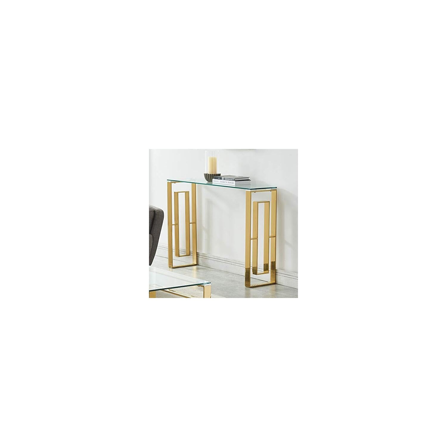 Modern Gold Console Table with Stainless Steel Frame & Glass Top - Elegant Entryway, Hallway or Living Room Furniture for Home Decor