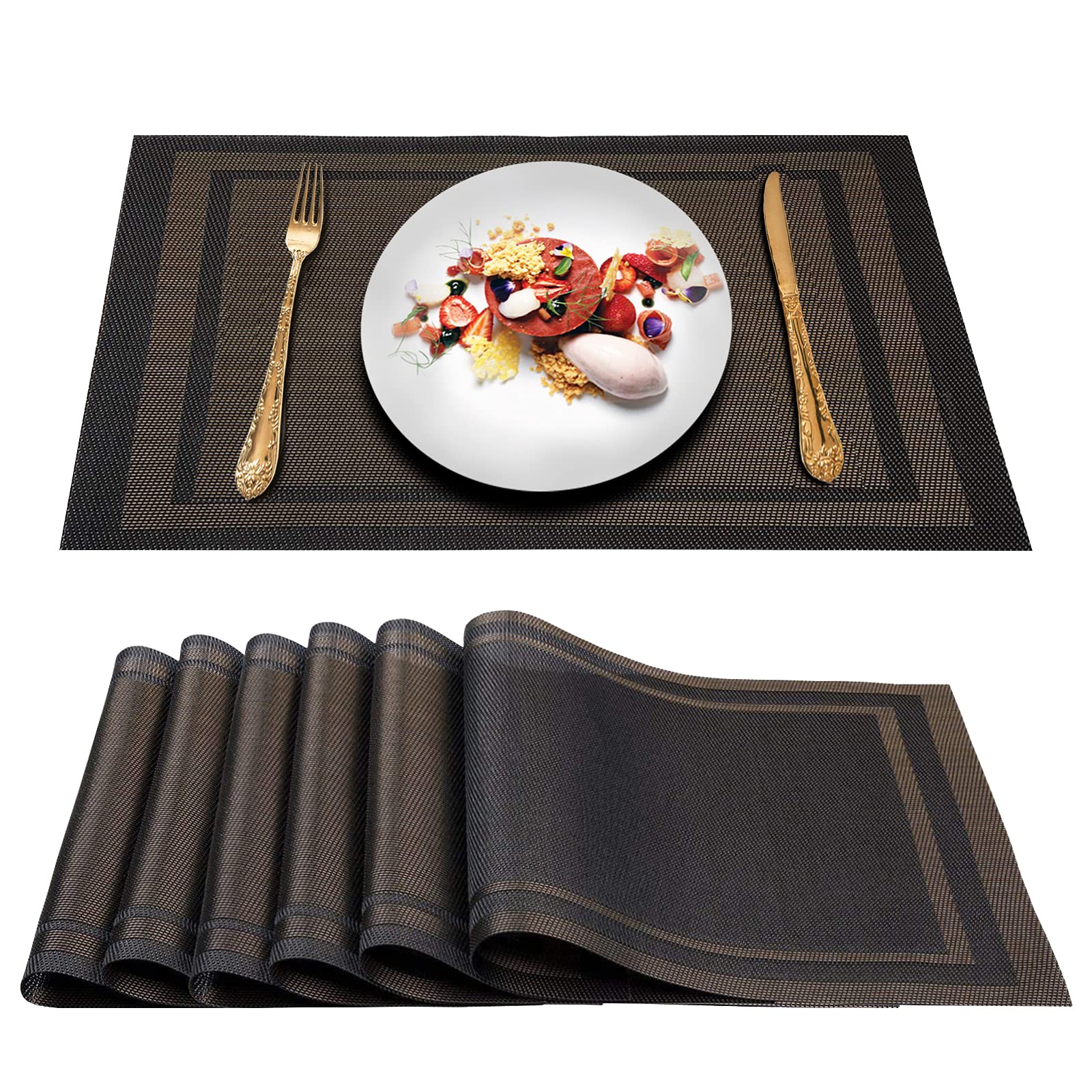 6-Piece Boho Woven Placemats Set - Waterproof Vinyl Table Mats for Indoor/Outdoor Dining - Black & Gold Decorative Frames - Perfect for Dinner Parties, Picnics, and Home Decor
