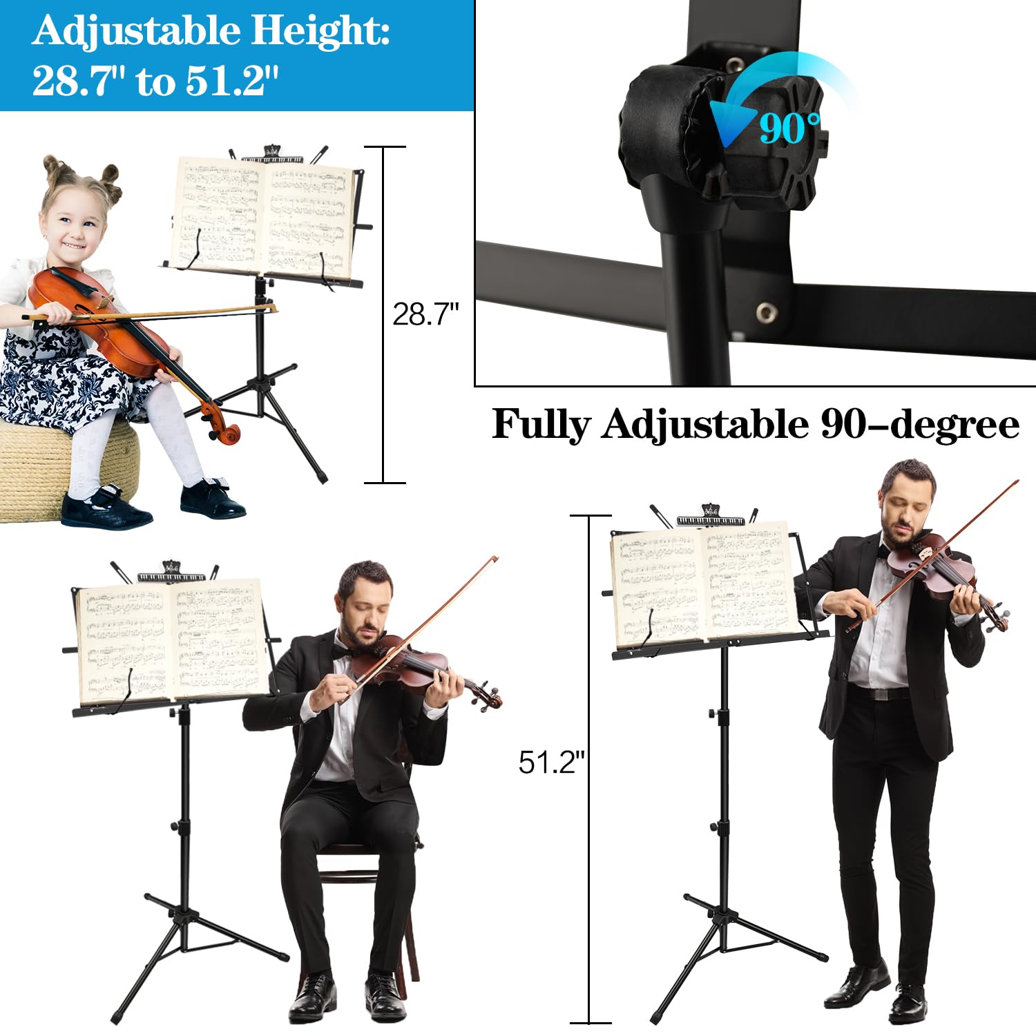 2 Pack Sheet Music Stand - Dual-Use Folding & Adjustable Desktop Book Stand with Sheet Clip Holder & Carrying Bag - Lightweight Portable for Piano, Violin, Guitar Practice & School Band Performances