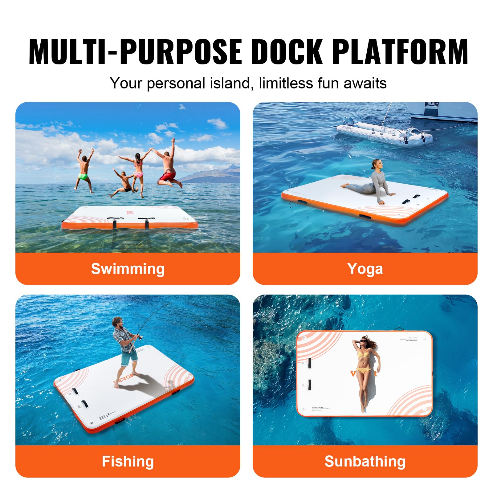 VEVOR 8x5FT Inflatable Floating Dock with Non-Slip Surface, Portable Carrying Bag & Detachable Ladder - Perfect for Pool, Beach, Lake, and Ocean Use | Water Platform, Island Raft for Swimming, Relaxing, and Water Activities