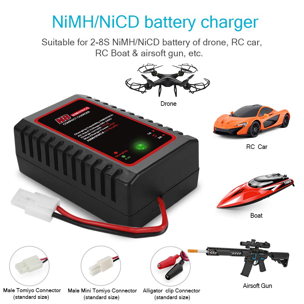 2-8s NiMH/NiCd Battery Charger with Tamiya Connector - 1000mA/2000mA Charging Current for RC Cars, Boats & Hobbies | Fast Charging for RC Vehicles & Remote Control Toys