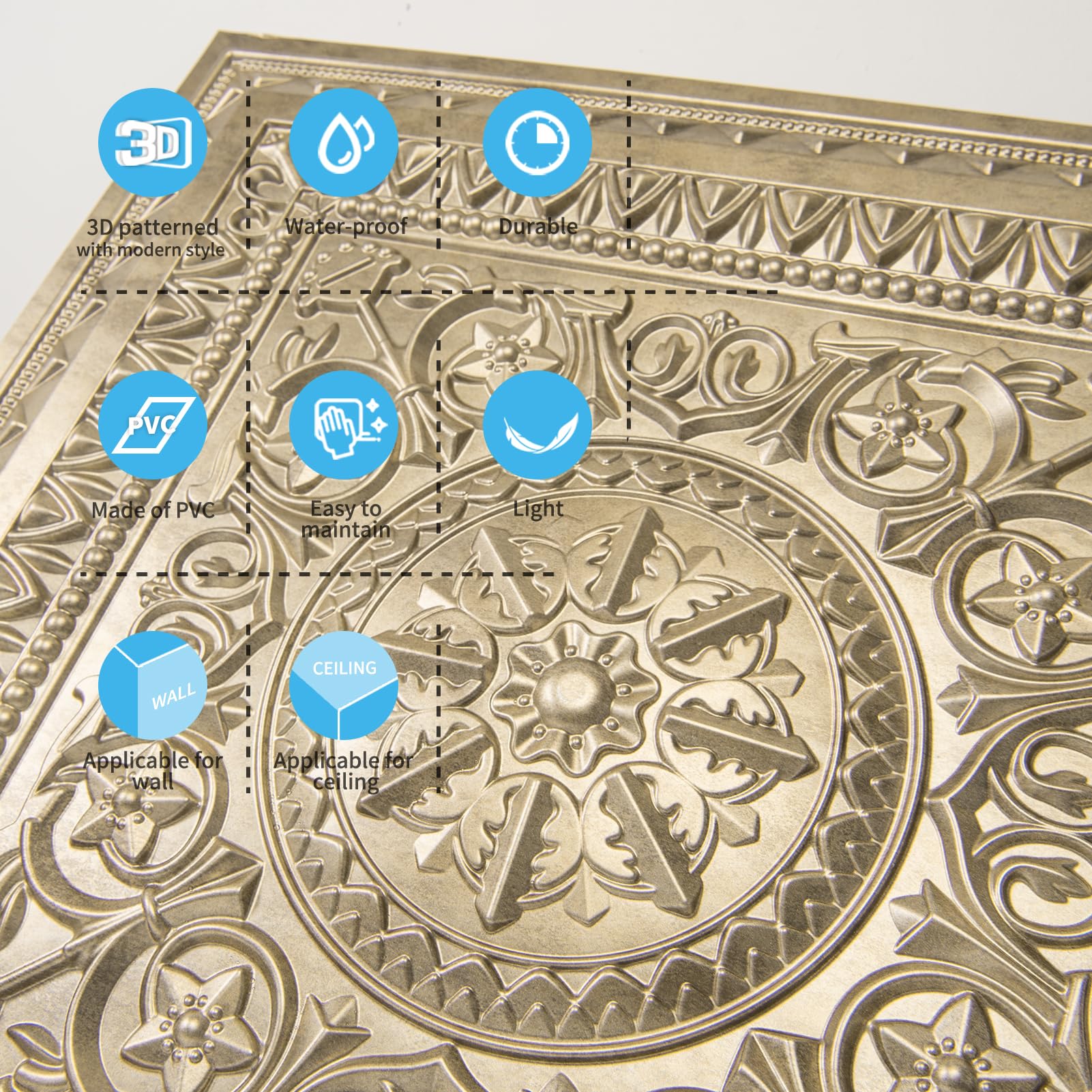 Art3d Drop Ceiling Tiles 2'x2' - 12 Pack Antique Gold Plastic Panels (48 Sq.ft) for Easy Glue-Up Installation - Perfect for Home Office, Basement & Commercial Ceiling Renovations