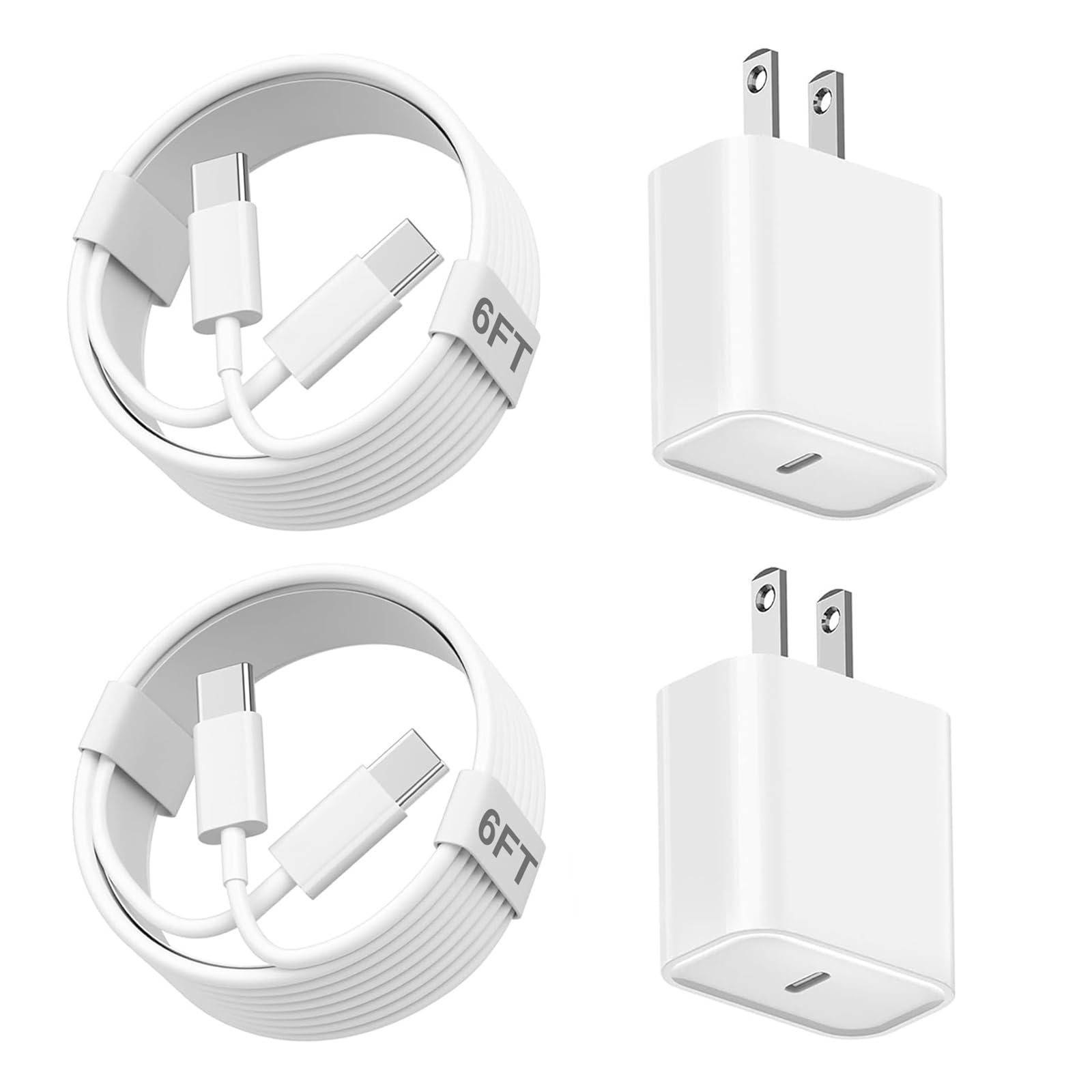 2-Pack 20W USB C Fast Charger Block & 6FT USB C to C Cable for iPhone 16/15/15 Pro/15 Pro Max/15 Plus - Fast Charging Power Adapter with Long Cord Compatible with iPad 12.9/11/10.9/Air 5/4 - Perfect for Home, Office & Travel Charging