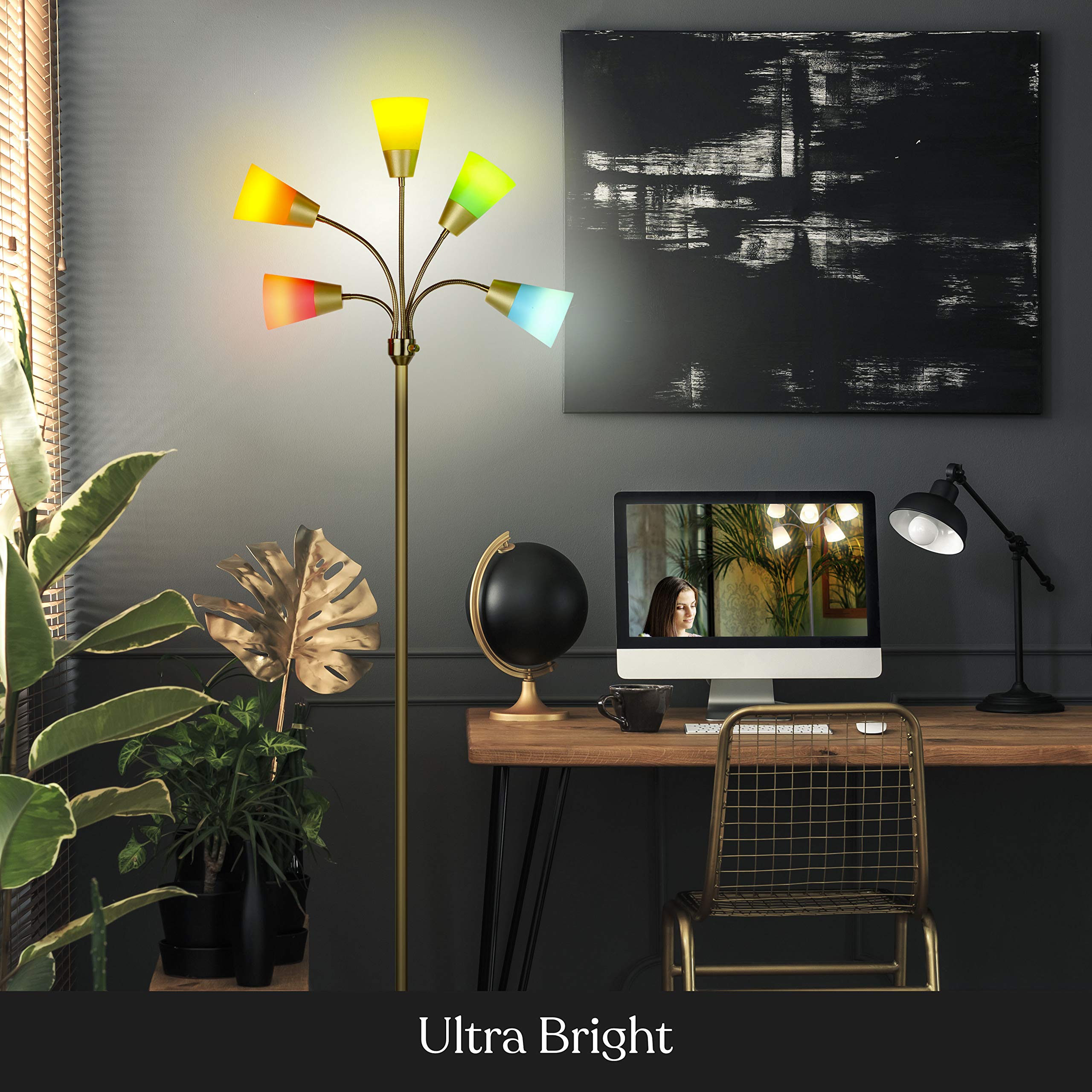 Brightech Medusa Modern LED Floor Lamp with 5 Adjustable Heads & Interchangeable Shades - Tall Standing Light for Living Room, Office, Reading & Hobbies - Energy Efficient LED Bulbs Included - Brass Finish for Home Decor