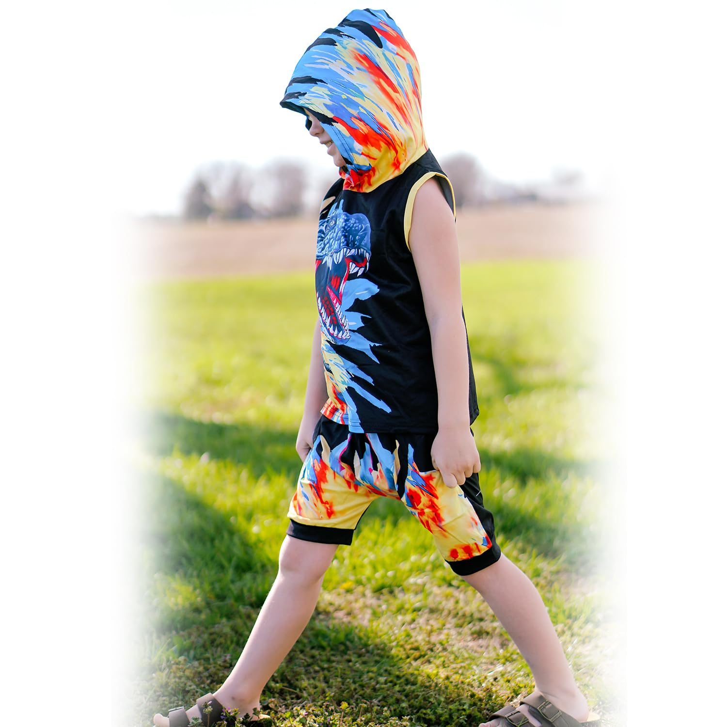 **HINTINA Toddler Boys Dinosaur Sleeveless Hoodie & Shorts Outfit Set - Summer Playwear for Boys, Outdoor Adventures & Casual Wear**