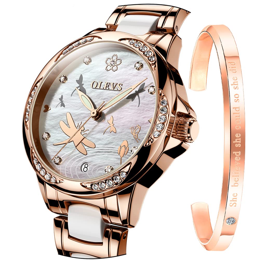 OLEVS Women's Automatic Diamond Dress Watch - Rose Gold Ceramic Bracelet, Stainless Steel Case with Date Function | Perfect for Formal Events, Office Wear & Special Occasions