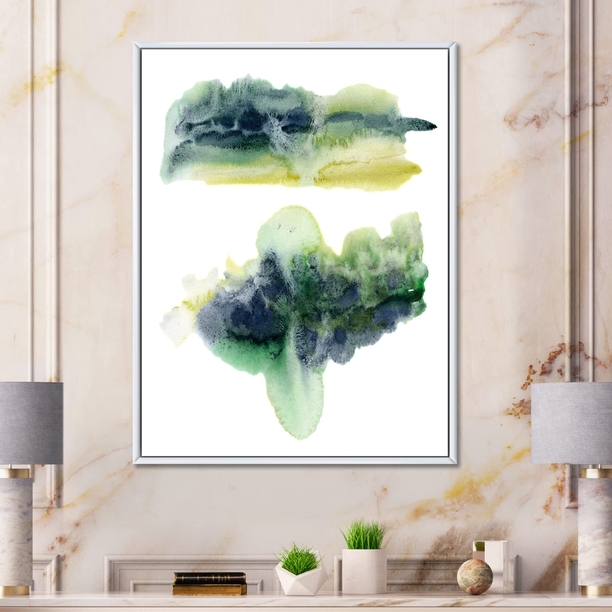 DesignQ Golden Green Abstract Clouds With Blue Points IV - Modern Framed Canvas Wall Art Print for Living Room, Bedroom & Office Decor