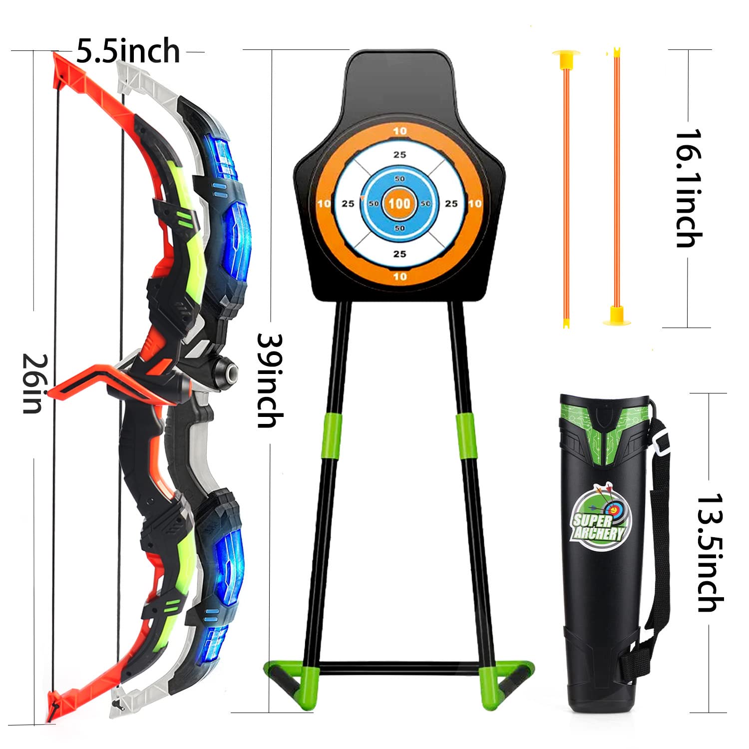 LED Light Up Bow and Arrow Set for Kids - 10 Suction Cup Arrows, Target & Quiver Included - Outdoor Archery Toy Gift for Boys Girls Ages 3-12 - Perfect for Backyard Games, Birthday Parties & Outdoor Play