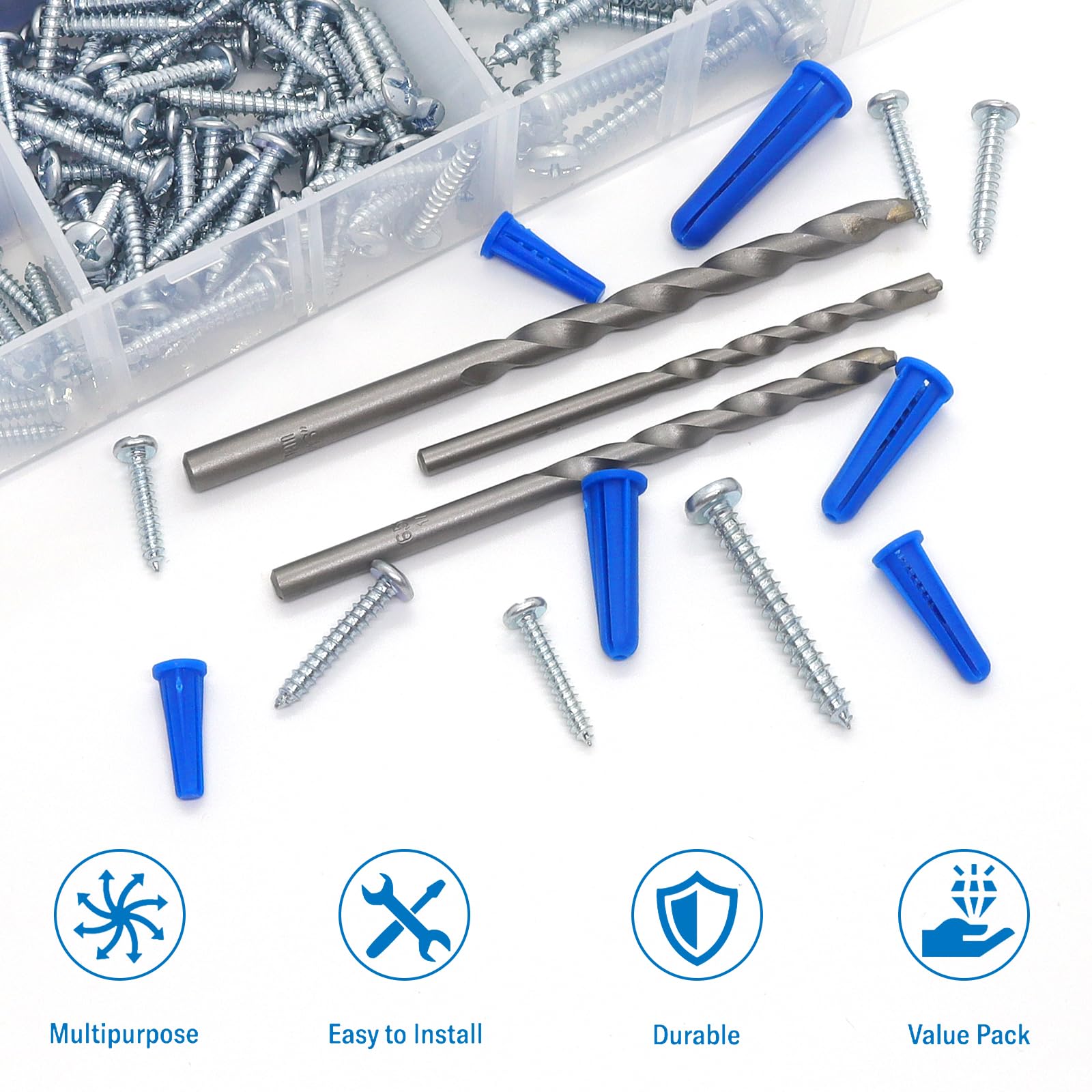 228 Pcs Concrete Wall Anchors Kit with Screws & Drill Bits - Heavy Duty Masonry Anchors for Brick Walls - Includes 114 Self Tapping Screws & 3 Drill Bits (Blue) - Perfect for Hanging Shelves, TVs & Home Decor