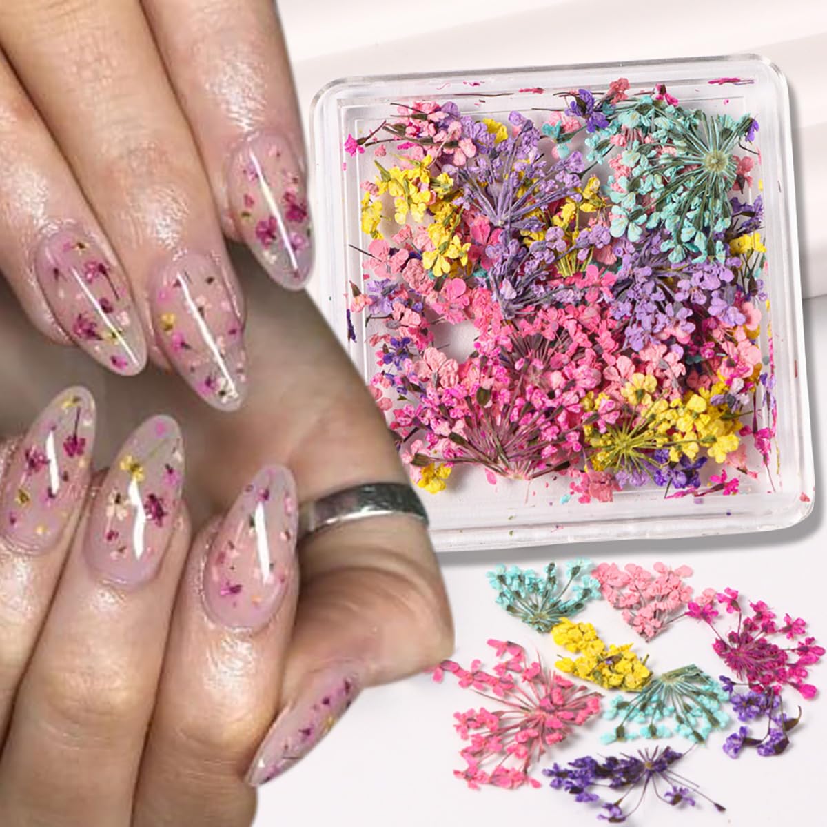 4Box 3D Dried Flowers Nail Art Stickers - Natural Dry Flower Nail Decals with Tiny Petals for DIY Manicure | Floral Nail Stickers for Women | Perfect for Wedding, Party, Salon & Home Nail Art Decorations