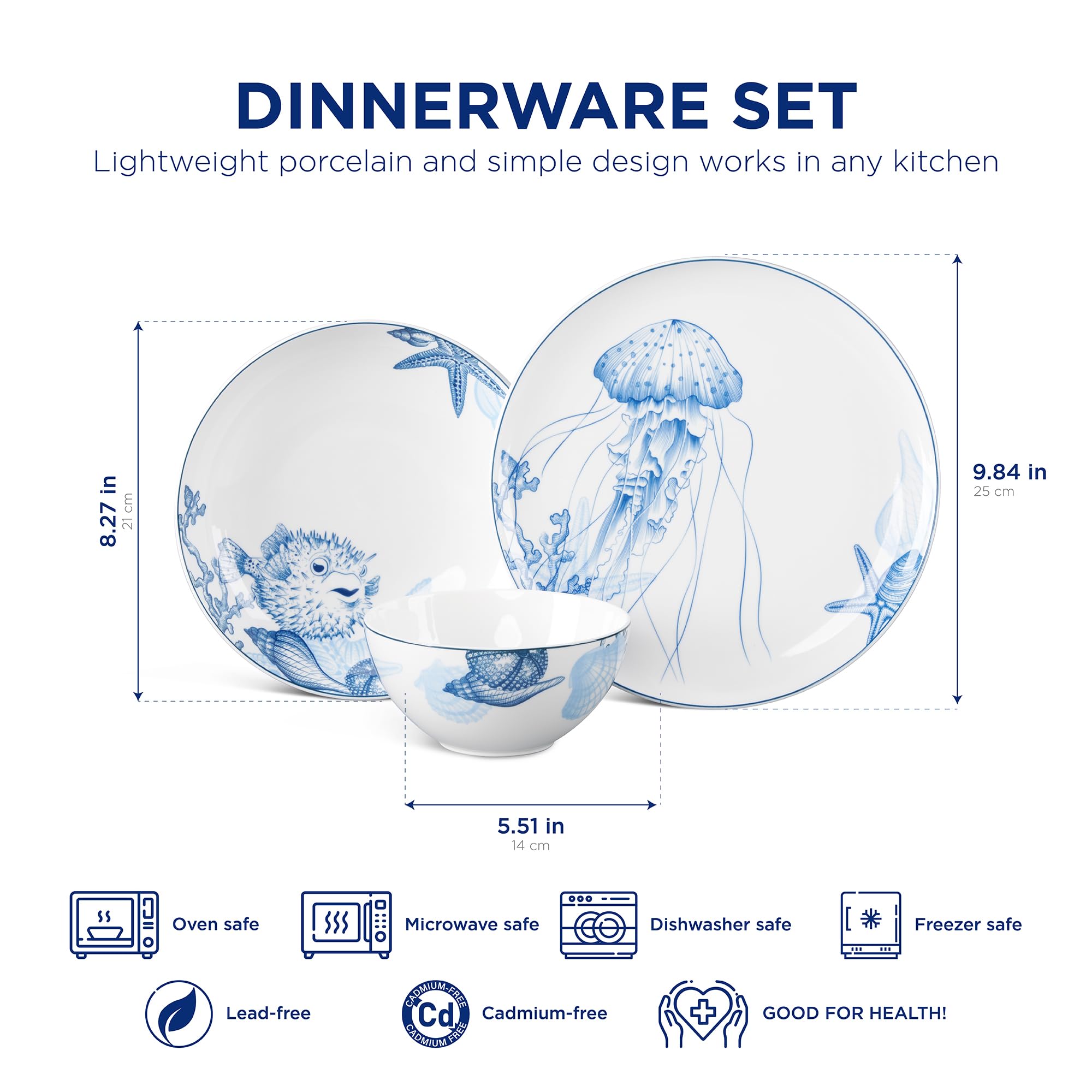 12-Piece Porcelain Dinnerware Set - Microwave, Oven & Dishwasher Safe Plates & Bowls - Ocean Blue Ceramic Tableware for Family Gatherings, Thanksgiving, Christmas & New Year - Perfect for Holiday Dinners & Everyday Use
