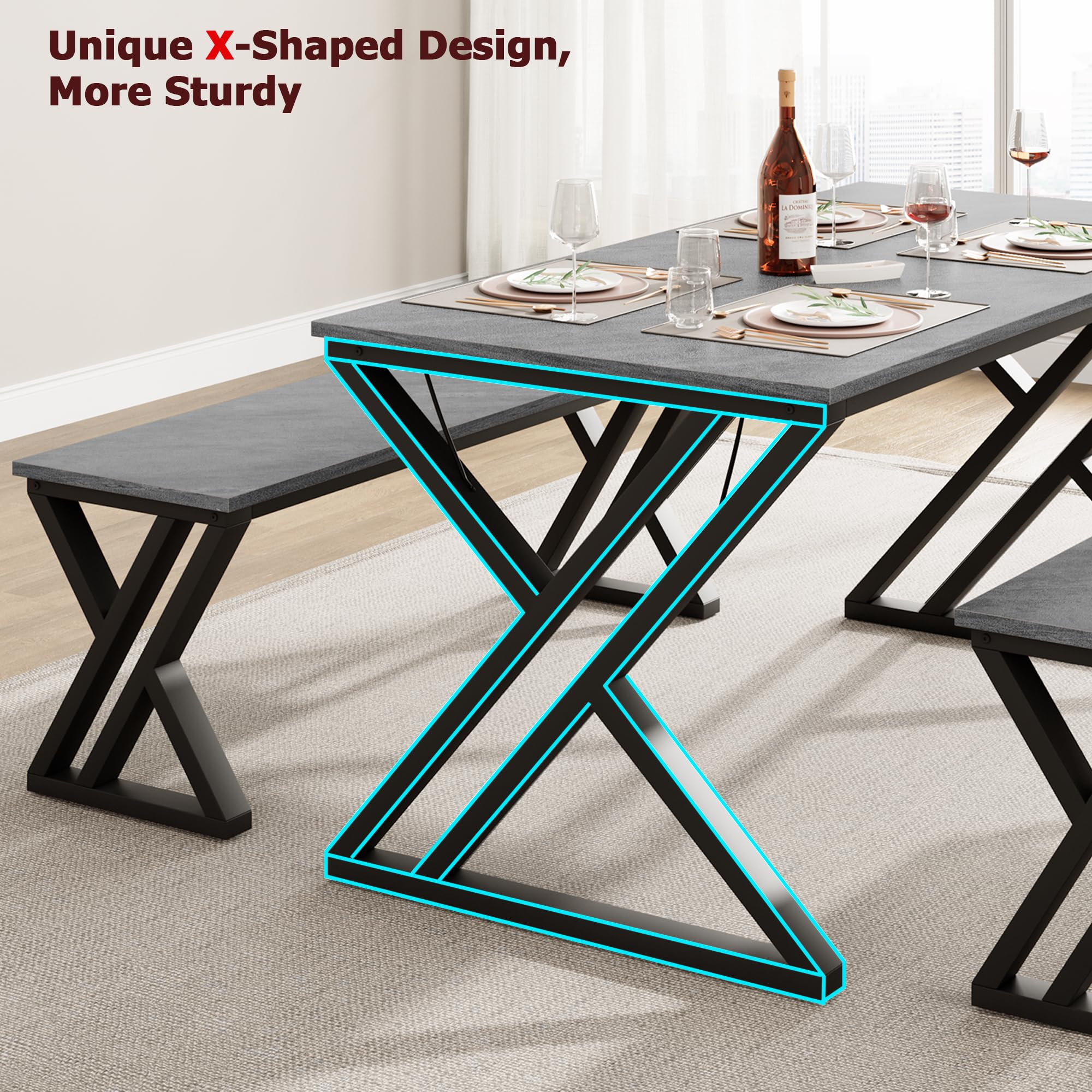 GAOMON 4-Piece Dining Table Set with 2 Benches, Modern Rectangular Kitchen Table with Sturdy Metal Frame, Space-Saving Design for Small Apartments - Perfect for Family Meals, Breakfast Nook & Compact Dining Areas (Grey)
