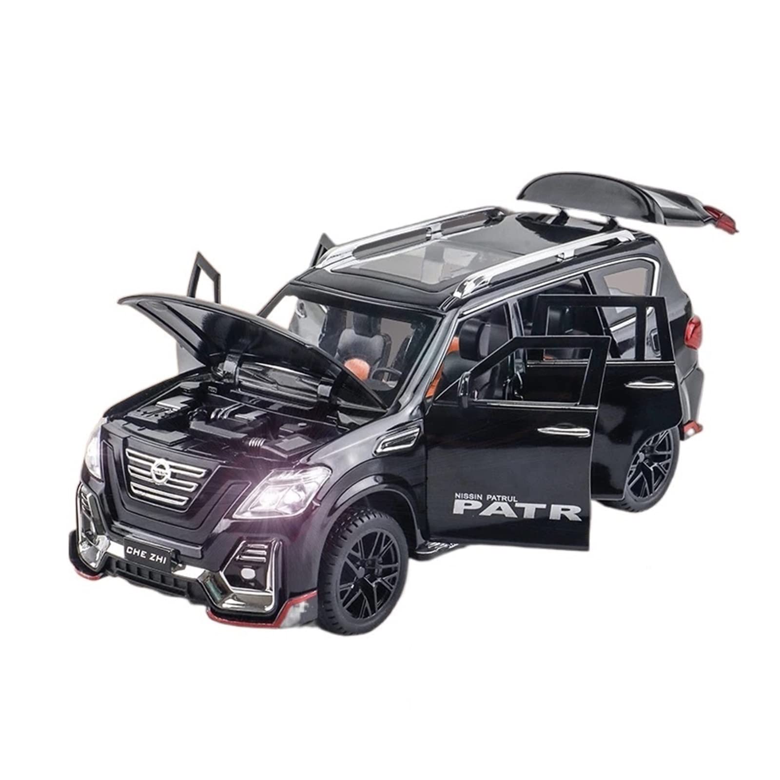 Nissan Patrol 1:24 Alloy Diecast Car Model with Light & Sound Effects - Black Toy Car for Collectors, Kids Gift, and Home Display
