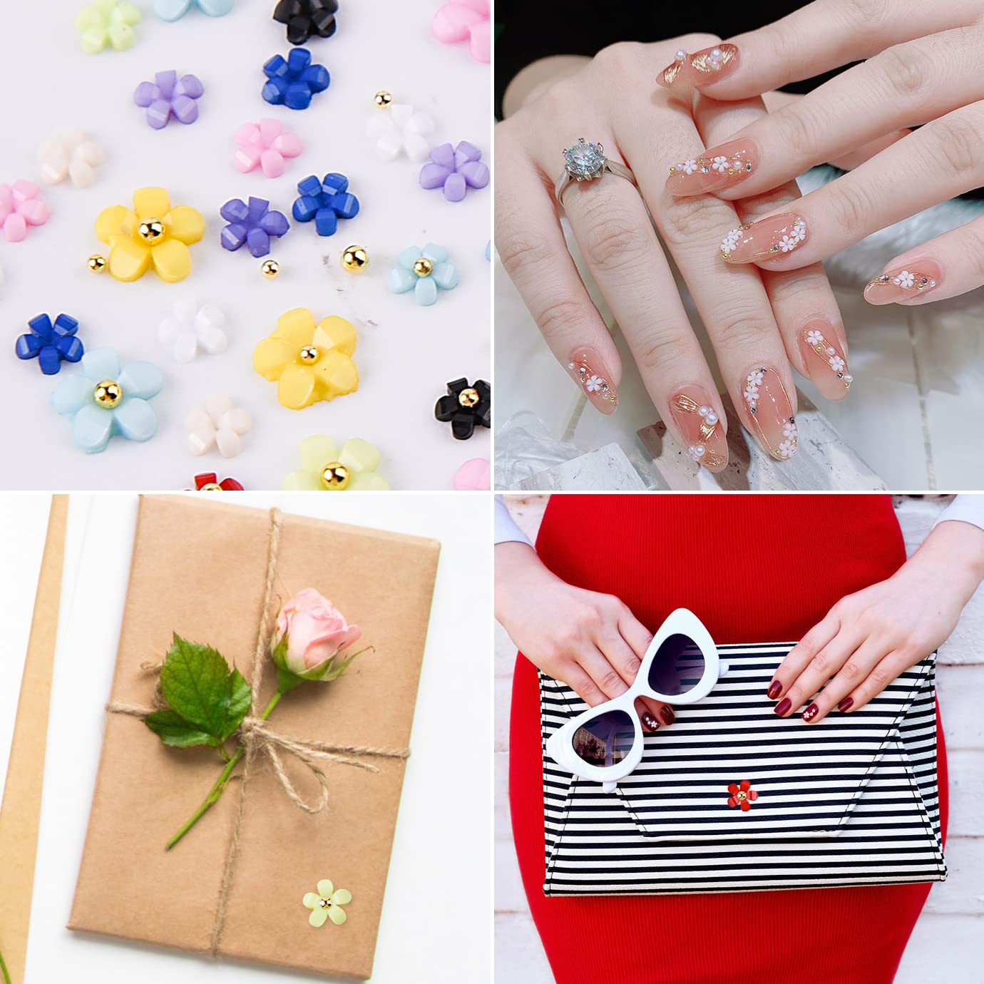 WXJ13 2 Boxes 3D Flower Nail Charms with Rhinestones & Metal Caviar Beads - Acrylic Nail Art Decorations for DIY Manicure, Wedding, Party & Salon Nail Designs