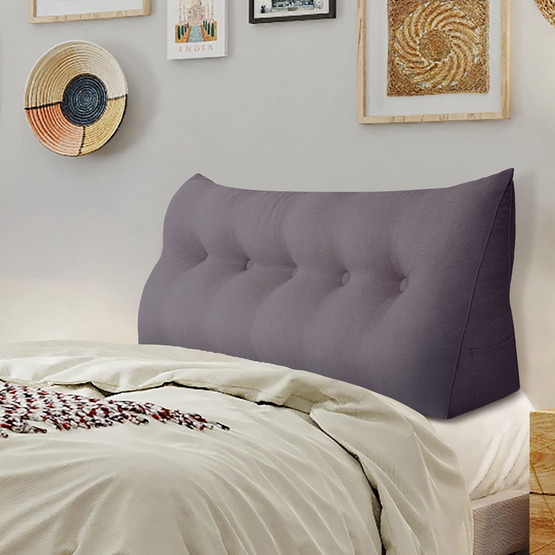 WOWMAX Ergonomic Headboard Pillow for Full Size Bed - Multifunctional Upholstered Bed Headboard with Cotton Linen Cover, Portable Dorm Room Headboard (No Assembly Required) - Perfect for Bedroom, College Dorm, Apartment & Home Decor (Coffee Color)
