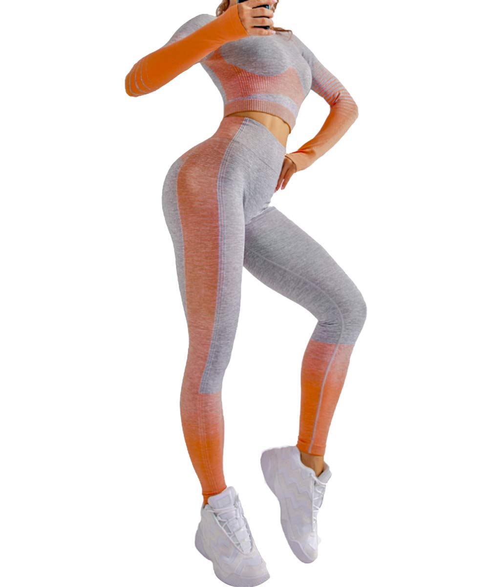 EUYZOU Women's 2-Piece Workout Set - High Waist Yoga Leggings & Crop Top for Gym & Yoga (Orange)