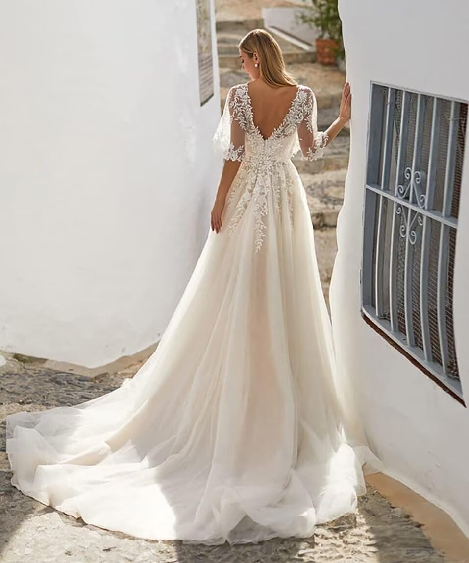 Elegant Tulle V-Neck Wedding Dress with Lace Sleeves Applique - Beach Bridal Gown for Women Bride | Perfect for Beach Weddings, Outdoor Ceremonies & Romantic Photoshoots