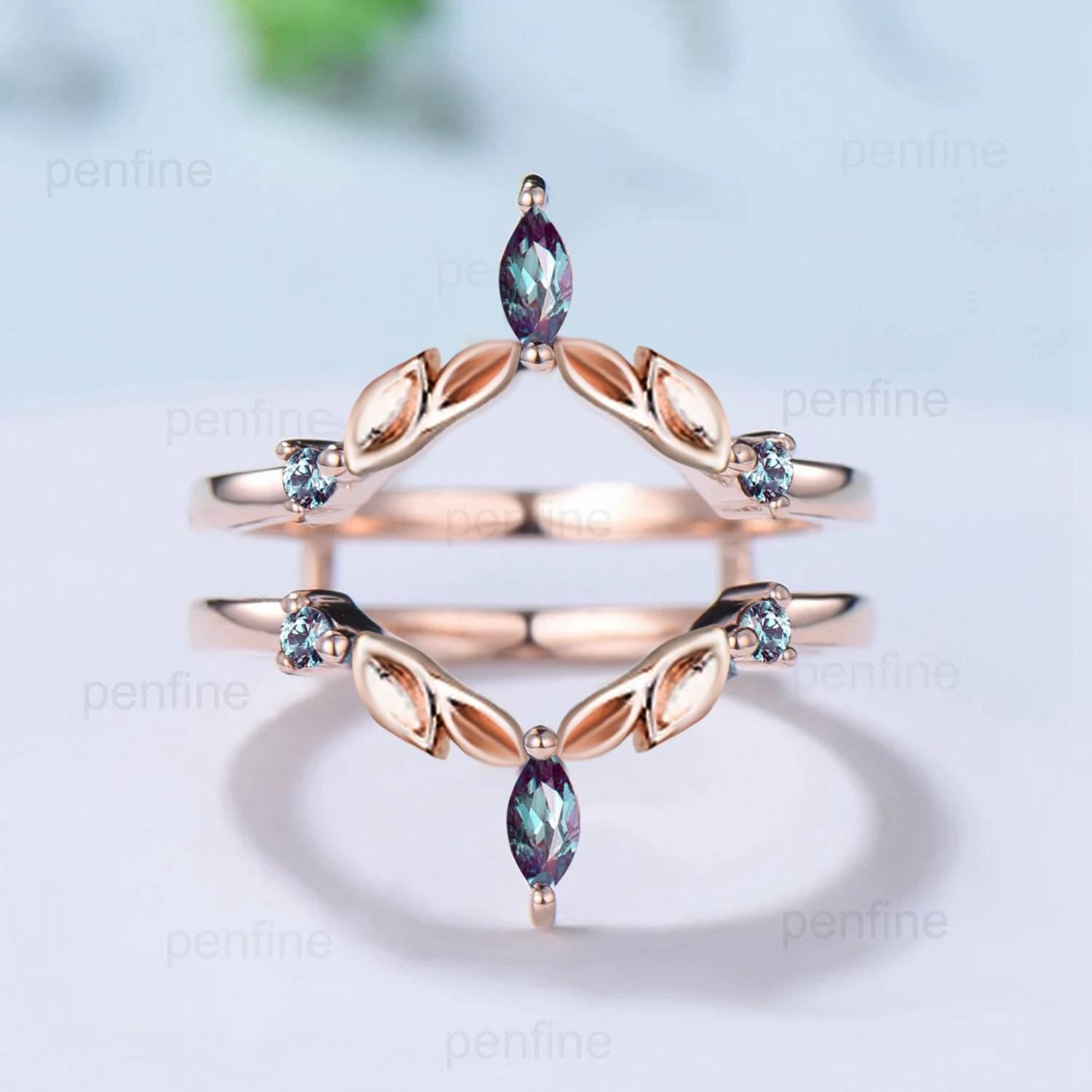 Double V Curved Alexandrite Wedding Band Enhancer Wrap - Rose Gold Vintage Color Change Stone Stacking Ring for Women | Anniversary Gift, Bridal Jewelry, Stackable Rings for Everyday Wear