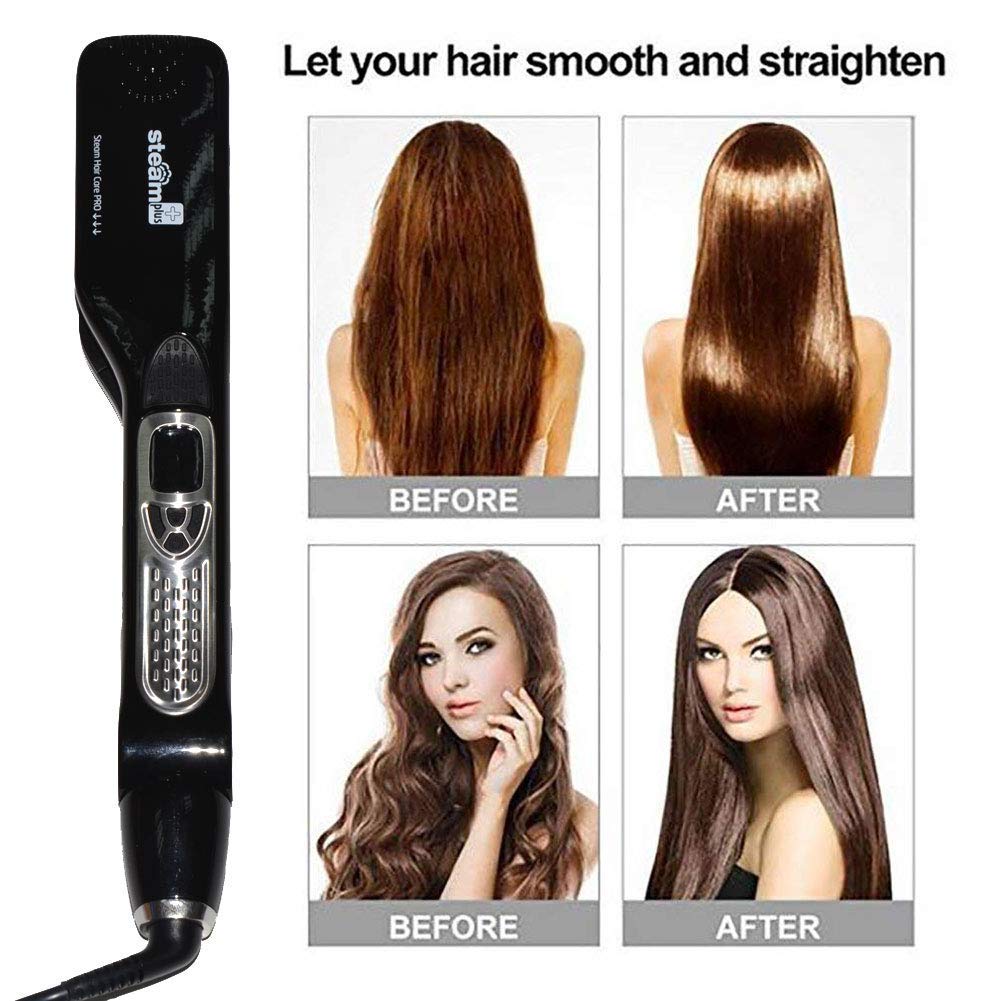Professional Steam Ceramic Tourmaline Hair Straightener Brush - Dual Voltage Flat Iron with LCD Display & Removable Teeth | Salon-Quality Styling for Smooth, Frizz-Free Hair at Home or Travel