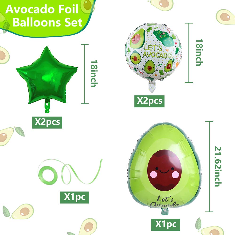 6PCS Avocado Foil Balloons for Hawaiian Luau Party, Birthday, Baby Shower & Mexican Fiesta Decorations - Helium Ready with Ribbon - Perfect for Avocado Themed Parties, Home Decor & Photo Backdrops