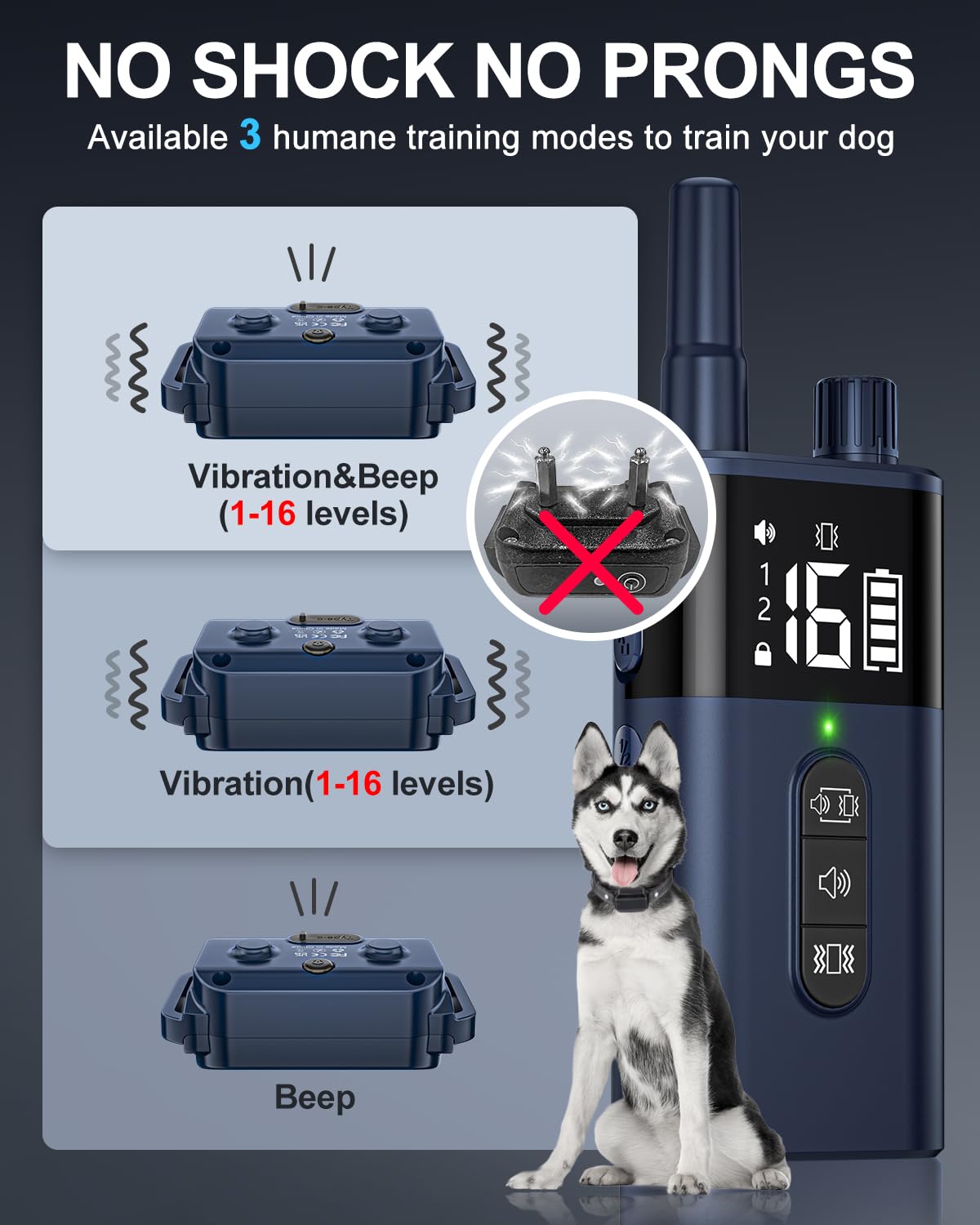 No Shock Dog Training Collar with Remote - Beep & Vibration Only, Waterproof Rechargeable Vibrating Collar for Small to Large Dogs (10-120 lbs) - Safe & Humane Training Tool for Obedience, Bark Control & Behavior Correction - Navy Blue