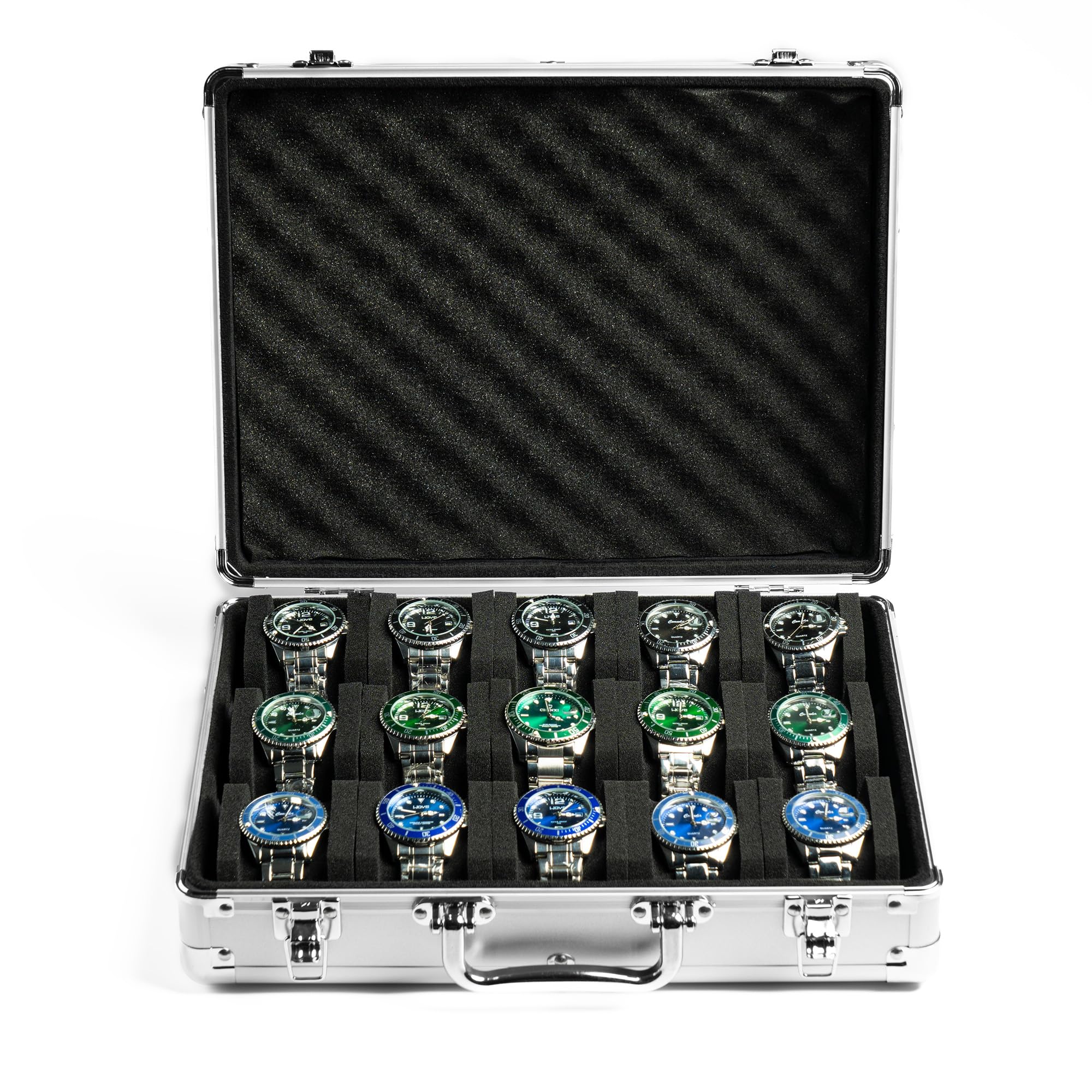 15-Slot Aluminum Watch Organizer Case - Silver Hard Travel Storage Box with Padded Interior for Watch Display & Organization | Perfect for Watch Collectors, Travel & Home Decor