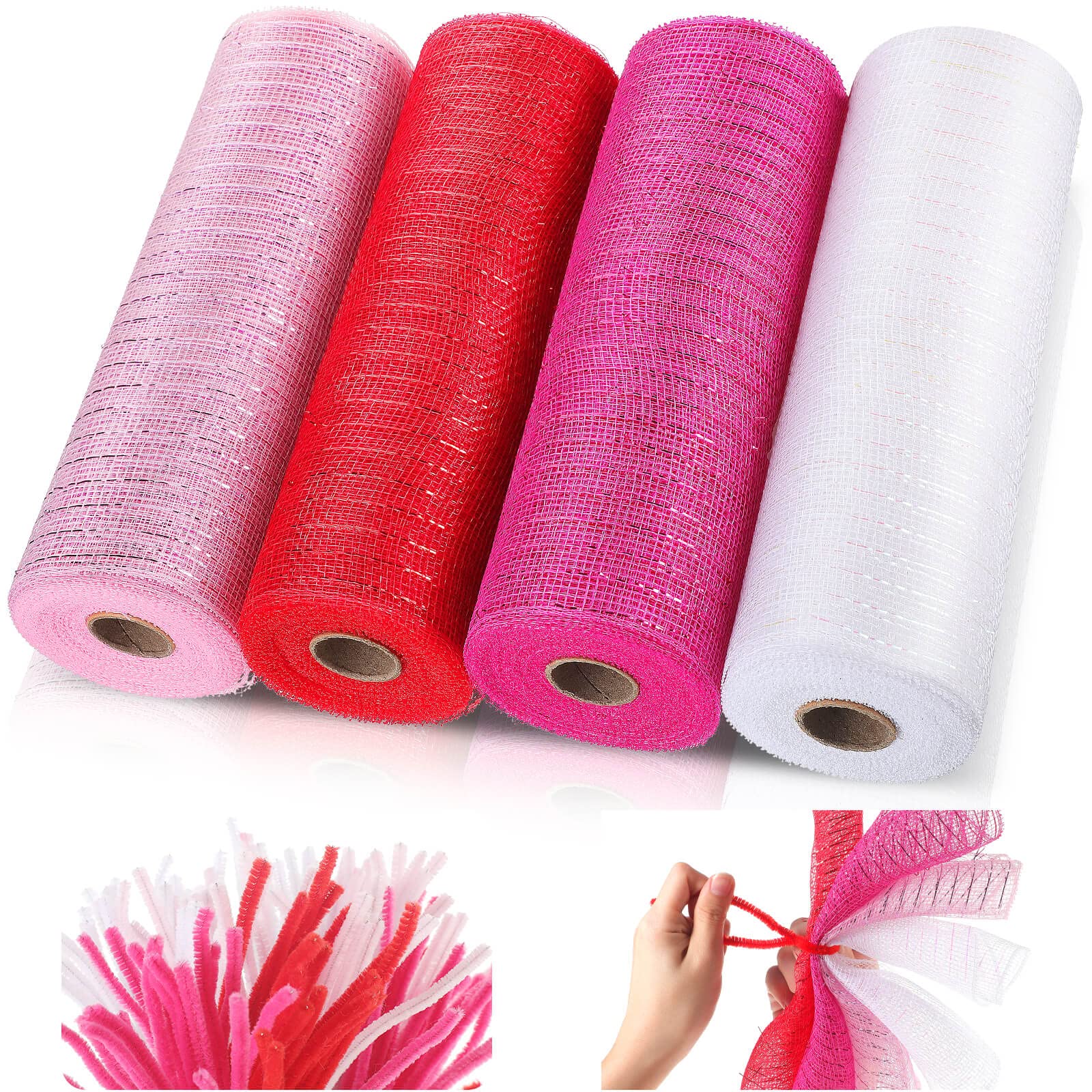 4 Rolls Valentine's Day Mesh Ribbon - 10 Inch x 30 Feet Decorative Mesh for Wreaths, Crafts & DIY - Includes 100 Chenille Stems in Red, Burgundy, Pink & White - Perfect for Valentine's Decor, Gift Wrapping & Party Supplies