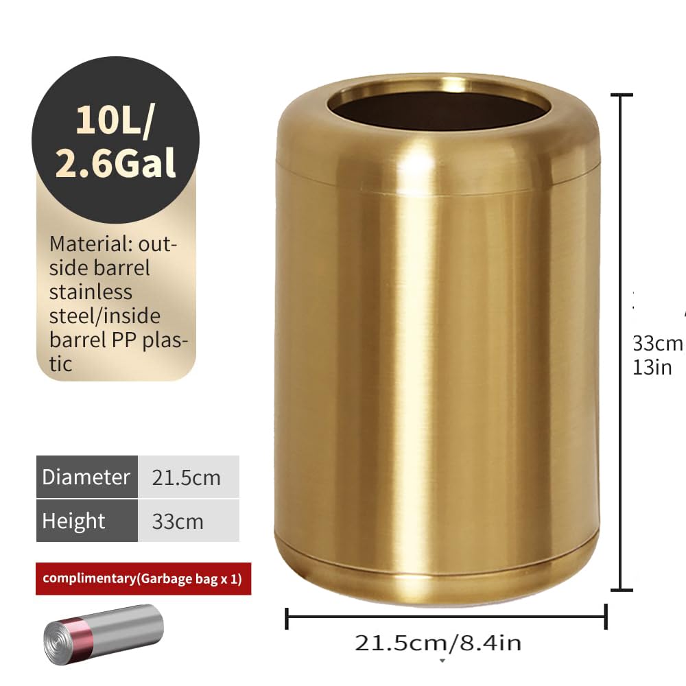 2.6 Gallon (10L) Brass Bathroom Trash Can - Elegant Gold Garbage Bin for Bathroom, Living Room, Office, Kitchen, Bedroom & Hotel - Perfect for Home Decor and Waste Disposal