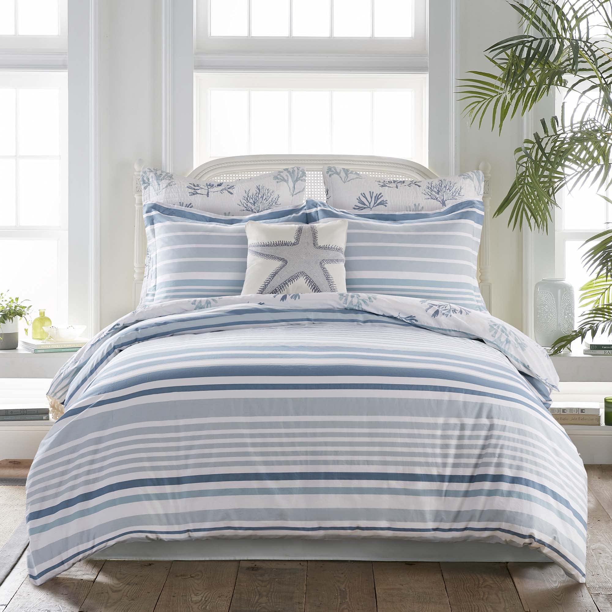 Levtex Home Truro King/Cal King Duvet Cover Set - Watercolor Coral Blue & White Cotton Bedding (106