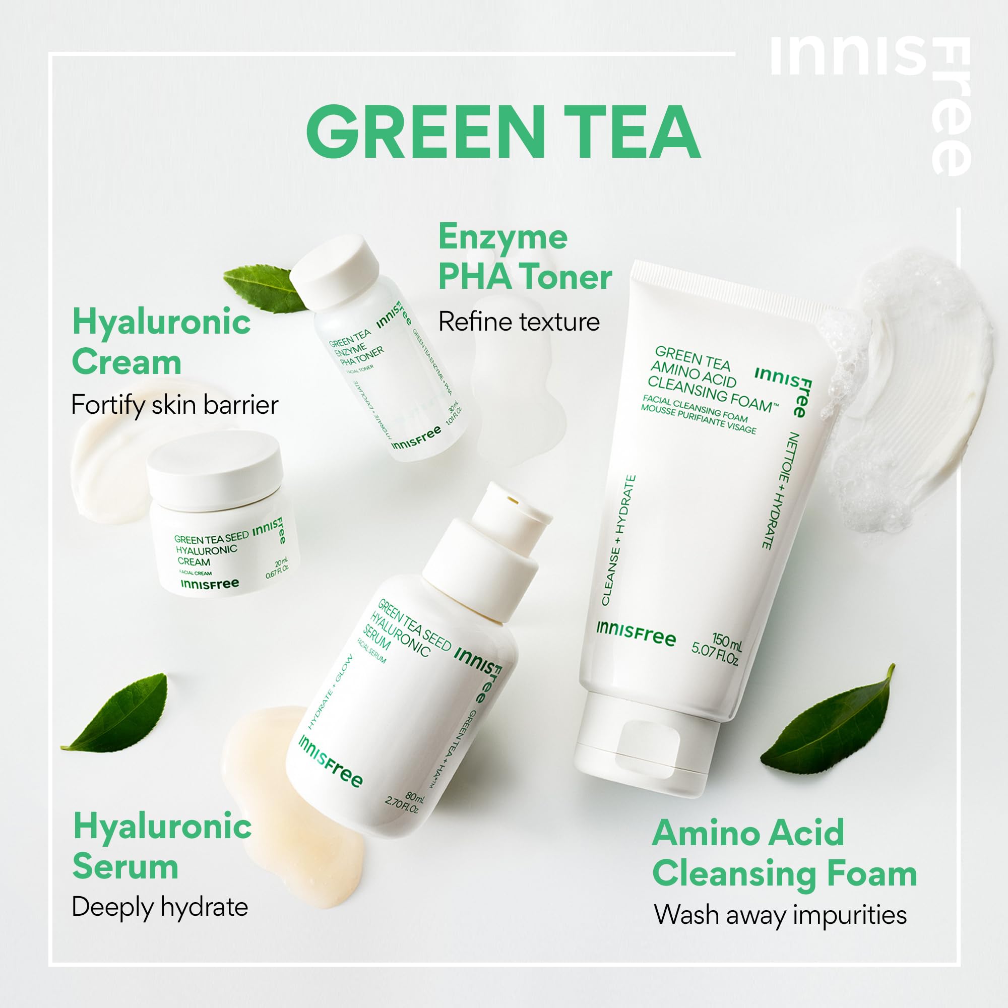 **Innisfree Green Tea Hydration Skincare Set - Korean Beauty Routine Kit with Serum, Cleanser, Toner & Moisturizing Cream | Perfect for Dry & Sensitive Skin Care (Packaging May Vary)**