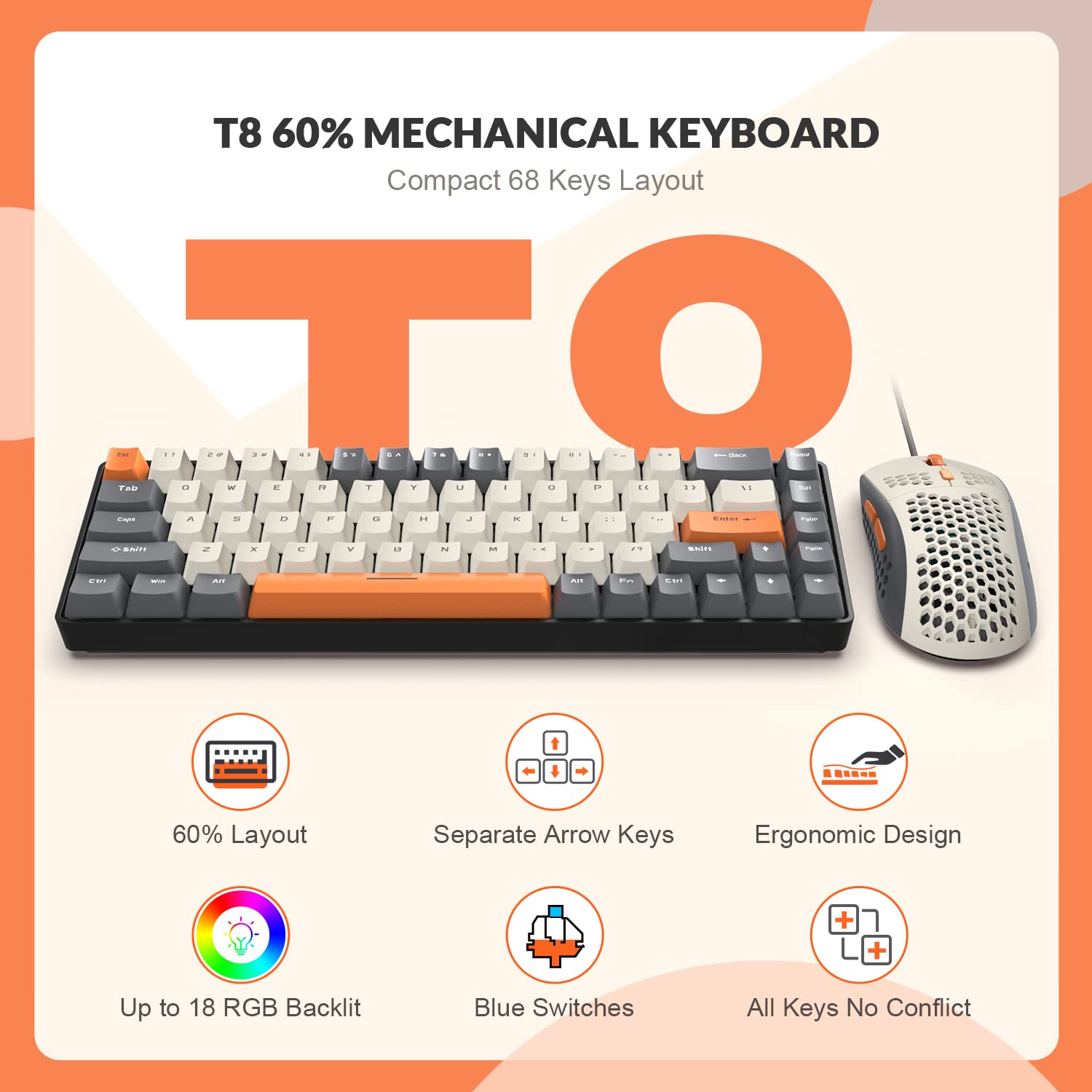 60% RGB Gaming Keyboard, Wired Mechanical Keyboard with 68 Keys TKL Compact Mini Layout, Honeycomb RGB Gaming Mouse (Up to 6400DPI), PC MAC PS5 Xbox Compatible - Perfect for Esports, Streaming & Office Work (Grey)