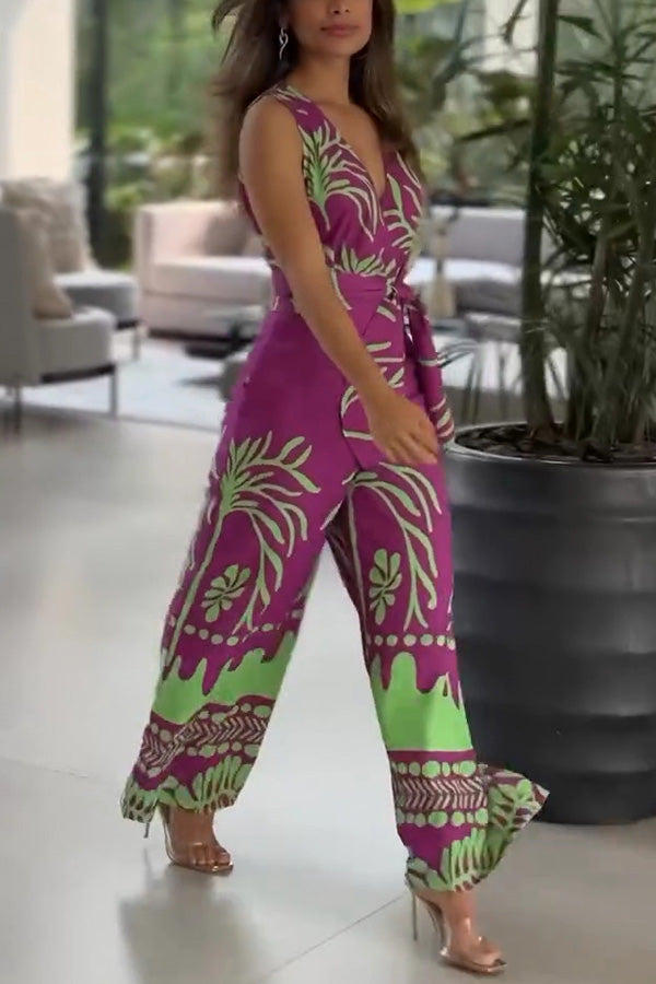 Stylish Printed V-Neck Sleeveless Waist Tie Jumpsuit for Women - Perfect for Summer Outfits, Beach Vacations & Casual Date Nights
